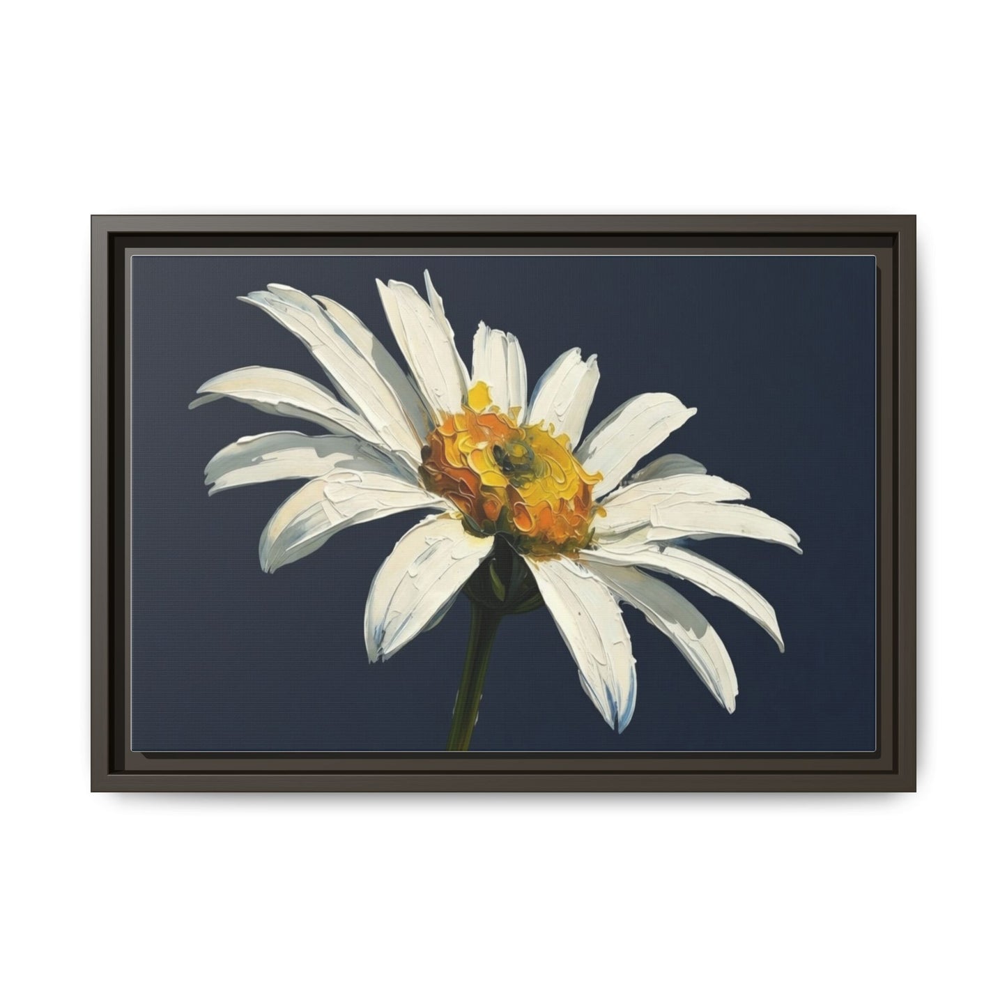Framed Matte Canvas Daisy Wall Art — White Floral Painting on Navy