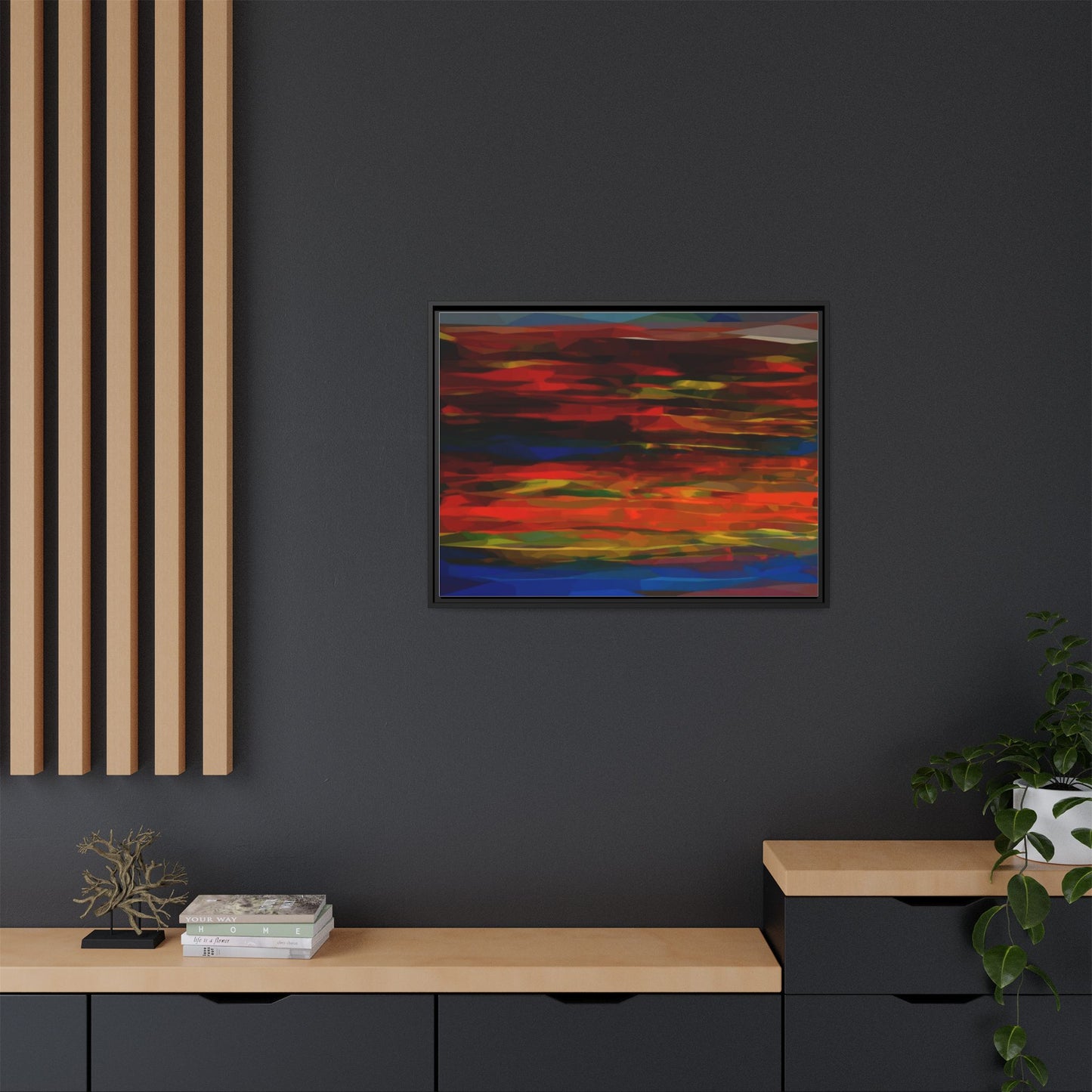Abstract Multi-Color Matte Canvas Framed Wall Art — Bold Red & Blue Modern Painting