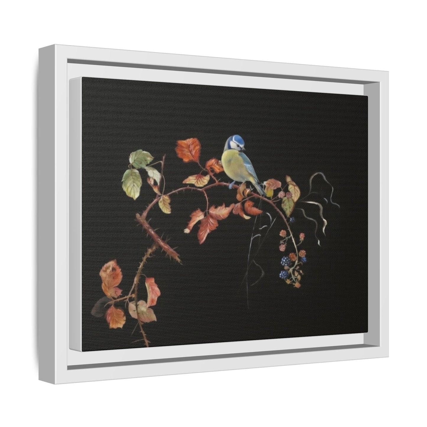 Framed Matte Canvas - Blue Tit on Autumn Branch Wall Art