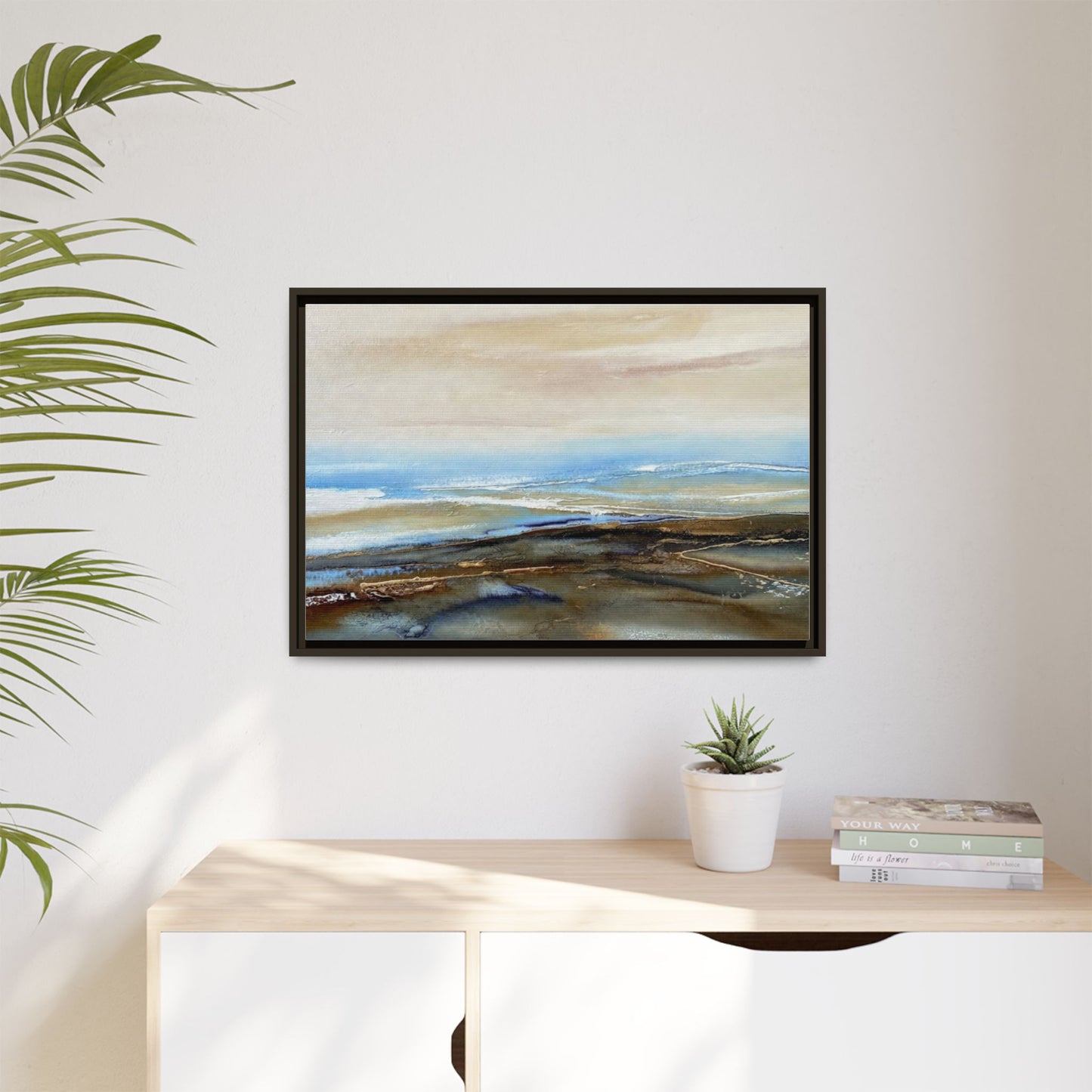 Framed Abstract Seascape Matte Canvas — Coastal Blue & Earth Tone Wall Art