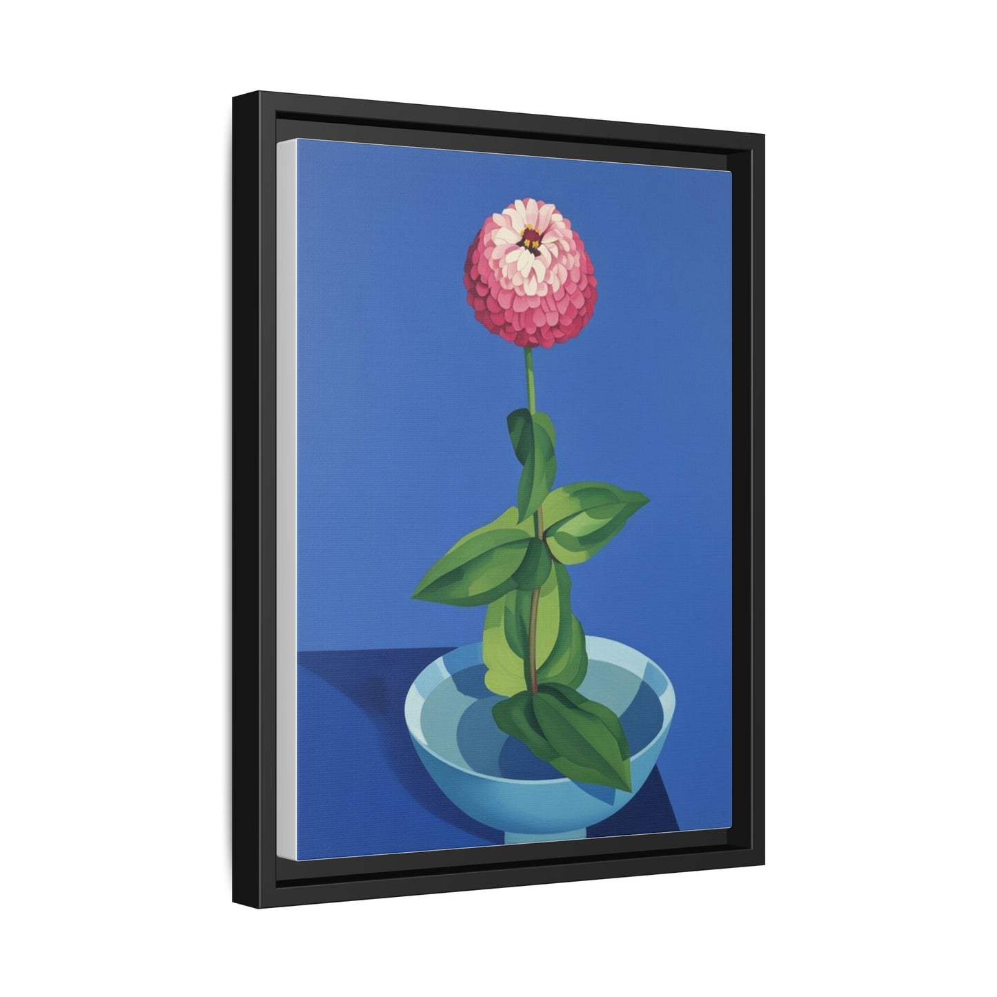 Framed Matte Canvas Art — Pink Zinnia in Blue Bowl (Botanical Still Life)