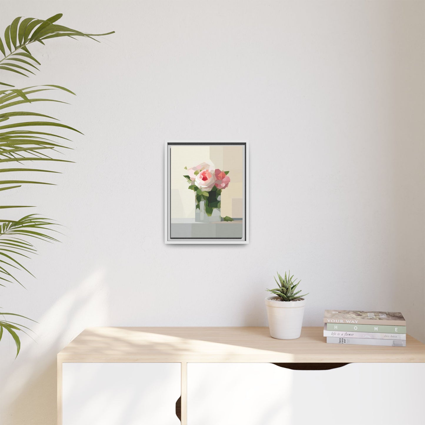 Framed Floral Canvas Print — Geometric Pink Rose Wall Art