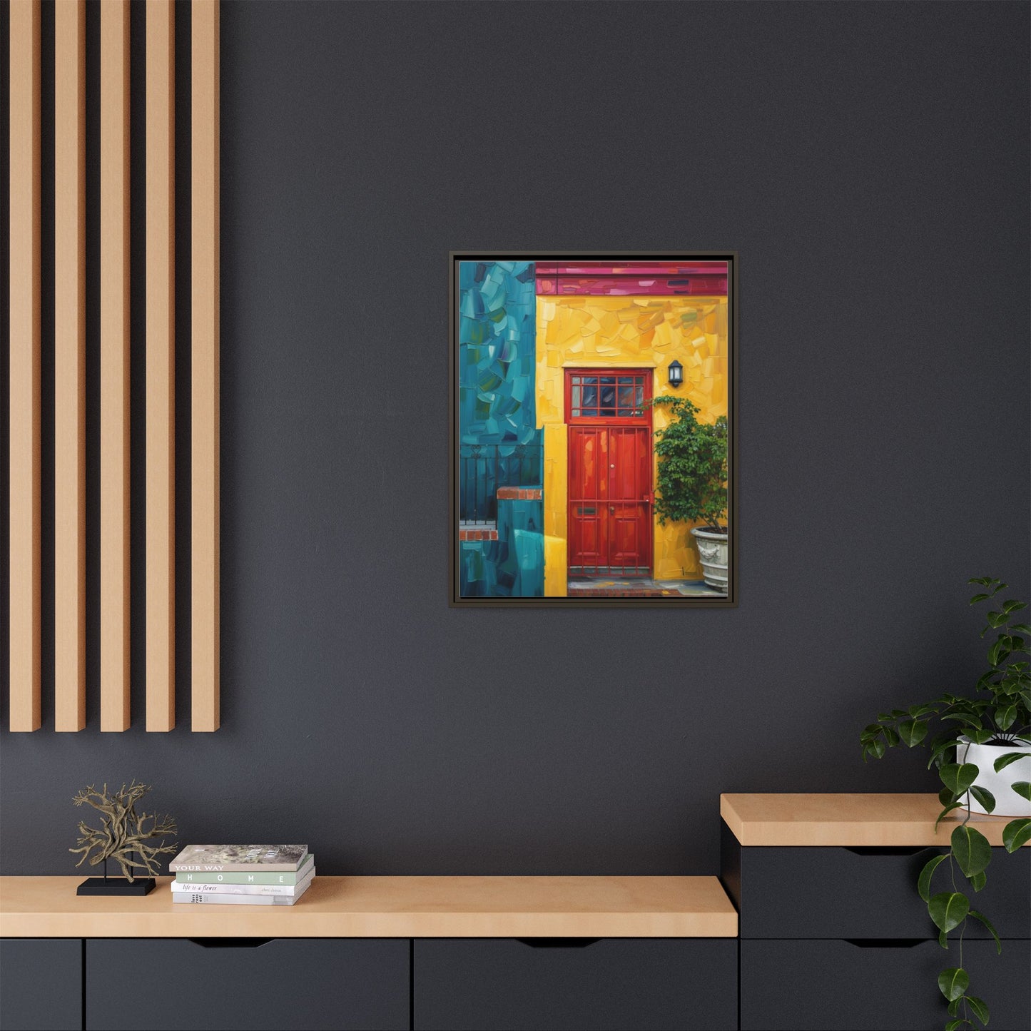 Framed Matte Canvas Wall Art — Colorful Red Door on Yellow Facade