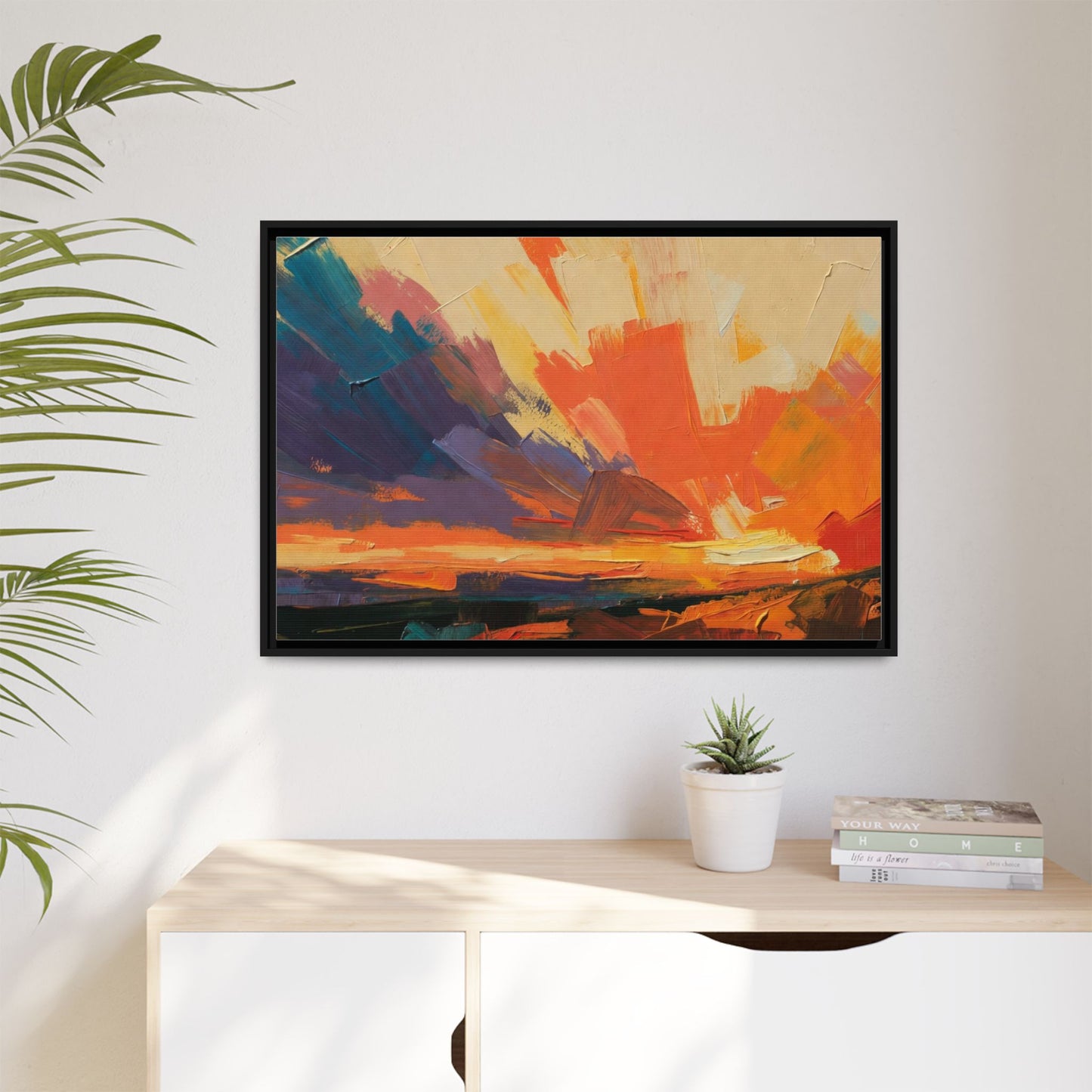 Framed Abstract Sunset Canvas Art – Multicolor Matte Wall Decor