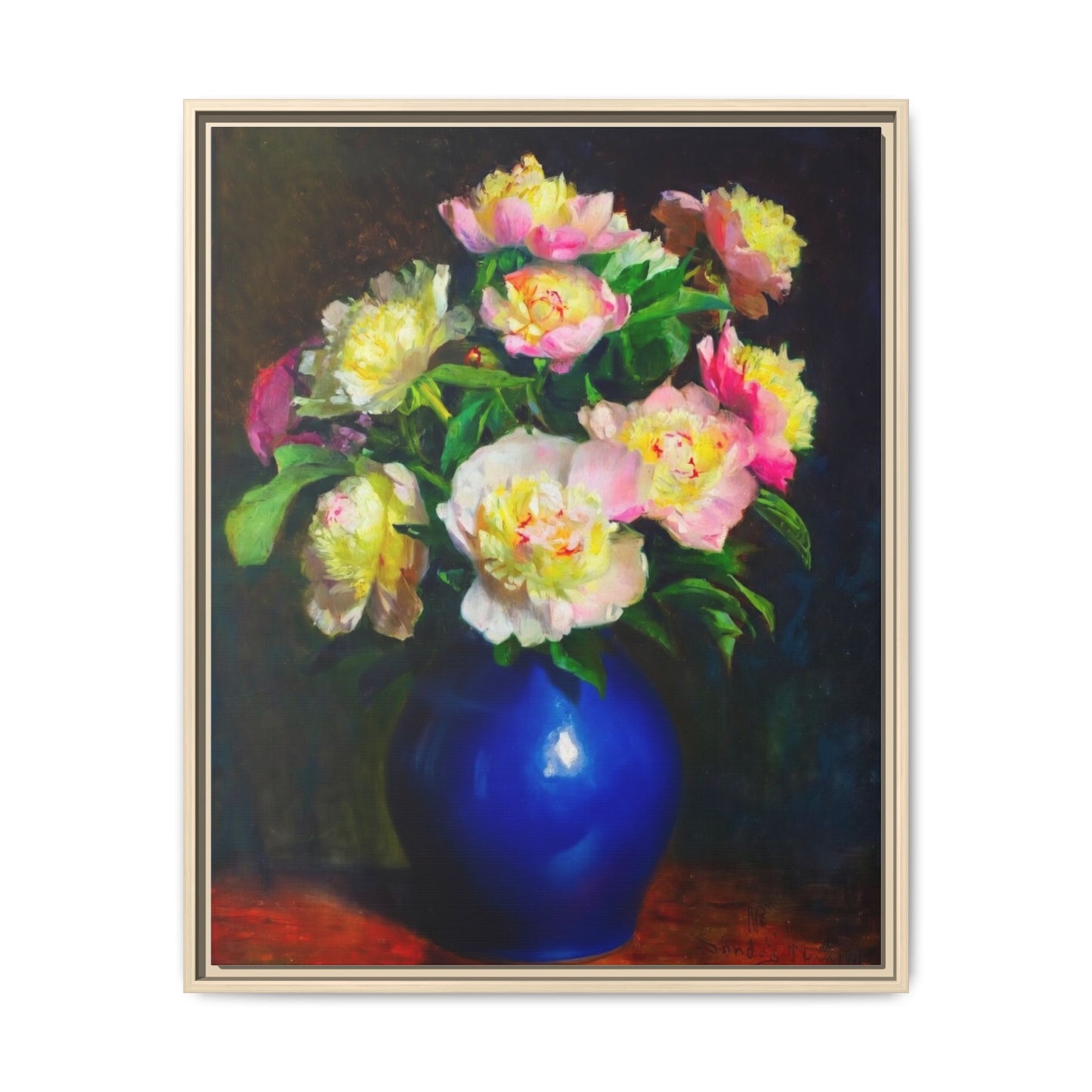 Framed Matte Canvas Wall Art — Vintage Floral Bouquet in Blue Vase