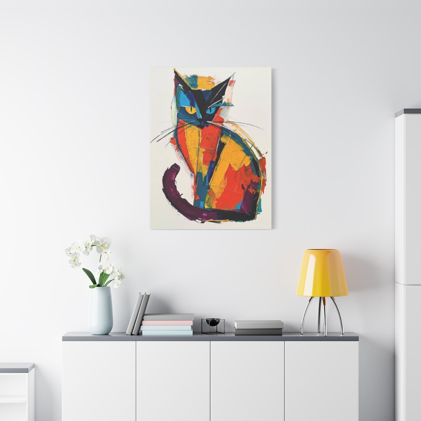 Colorful Abstract Cat Canvas Art - Modern Stretched Matte Wall Decor