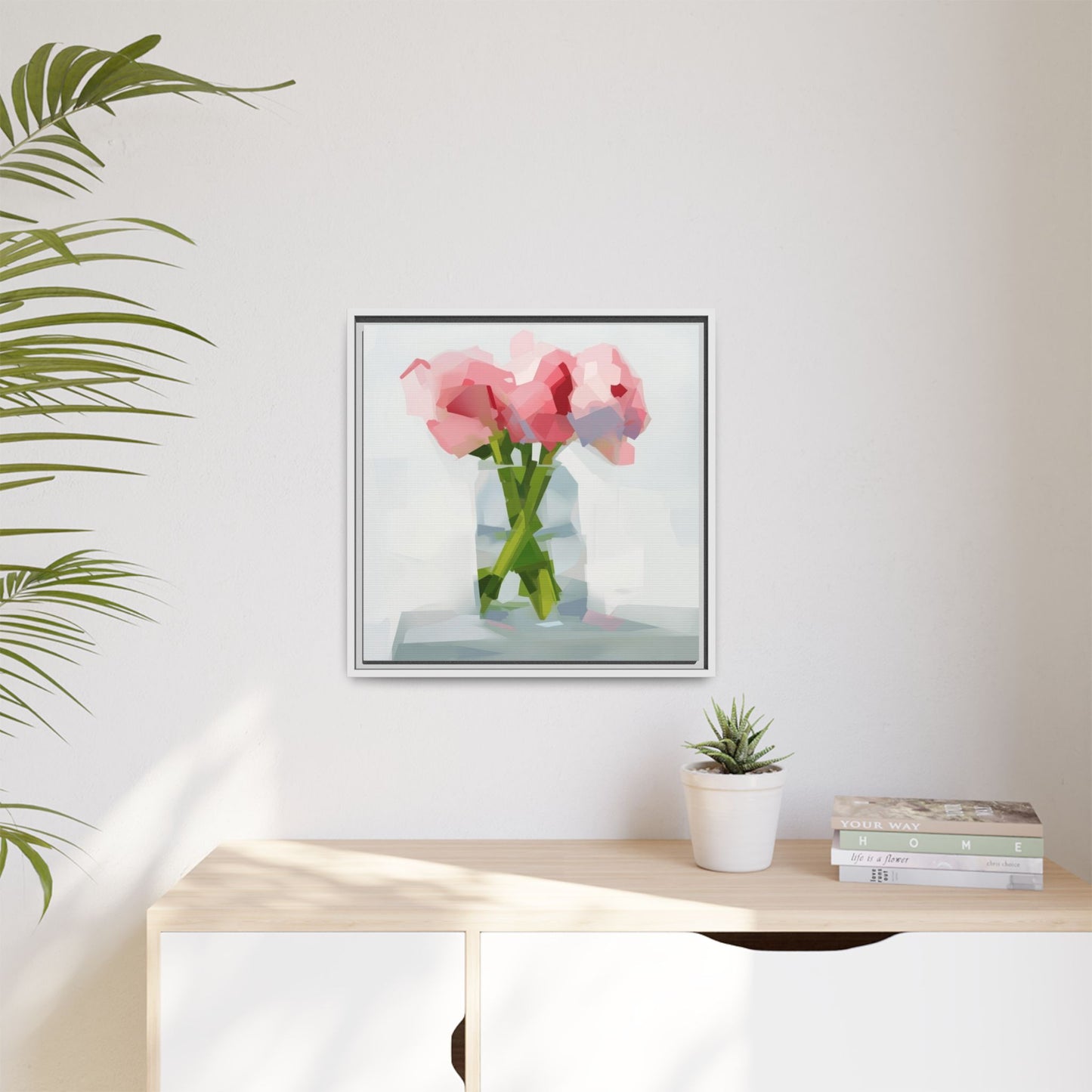 Framed Floral Canvas Art — Pink Peonies in Vase (Matte)