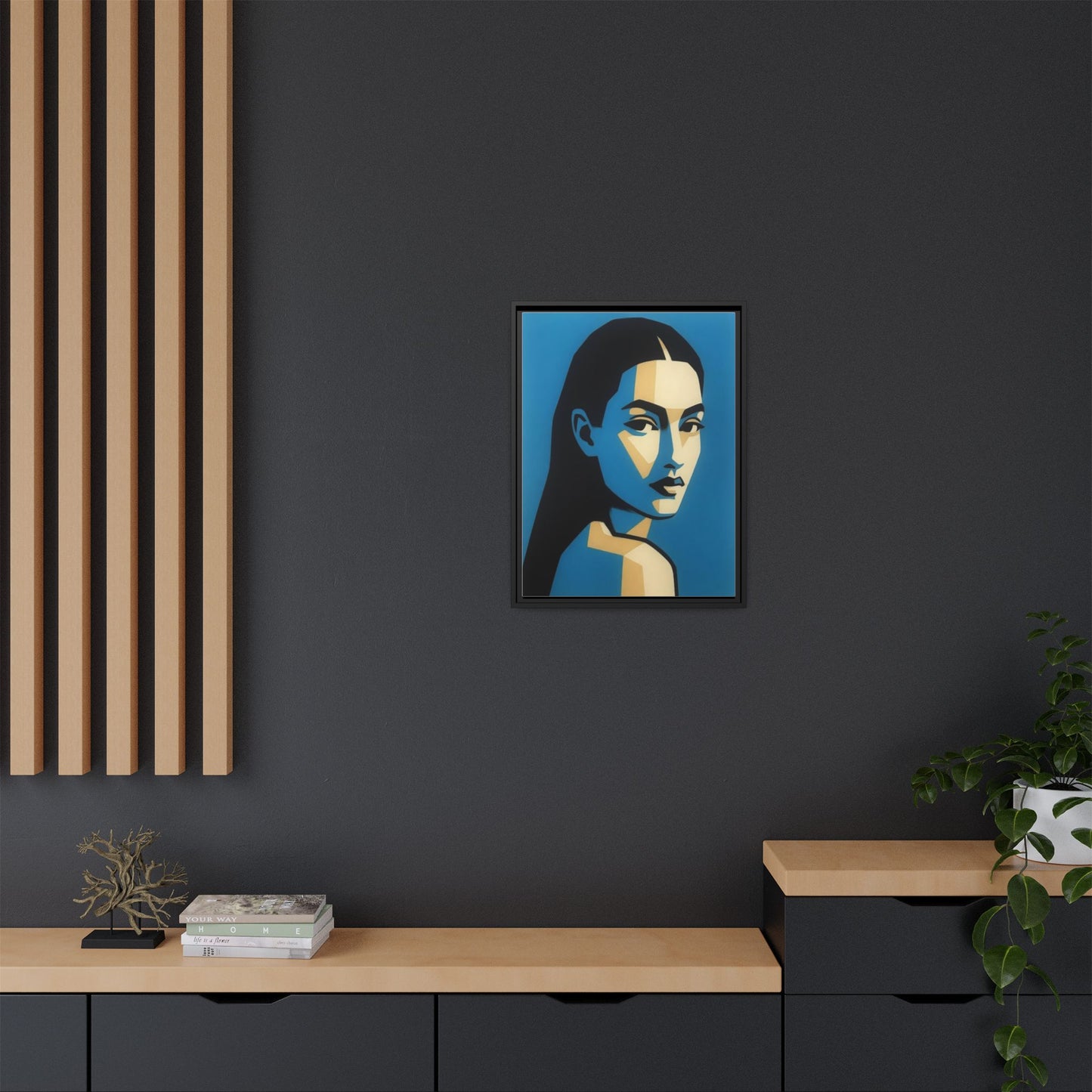 Framed Pop Art Portrait Canvas — Blue Geometric Woman Print
