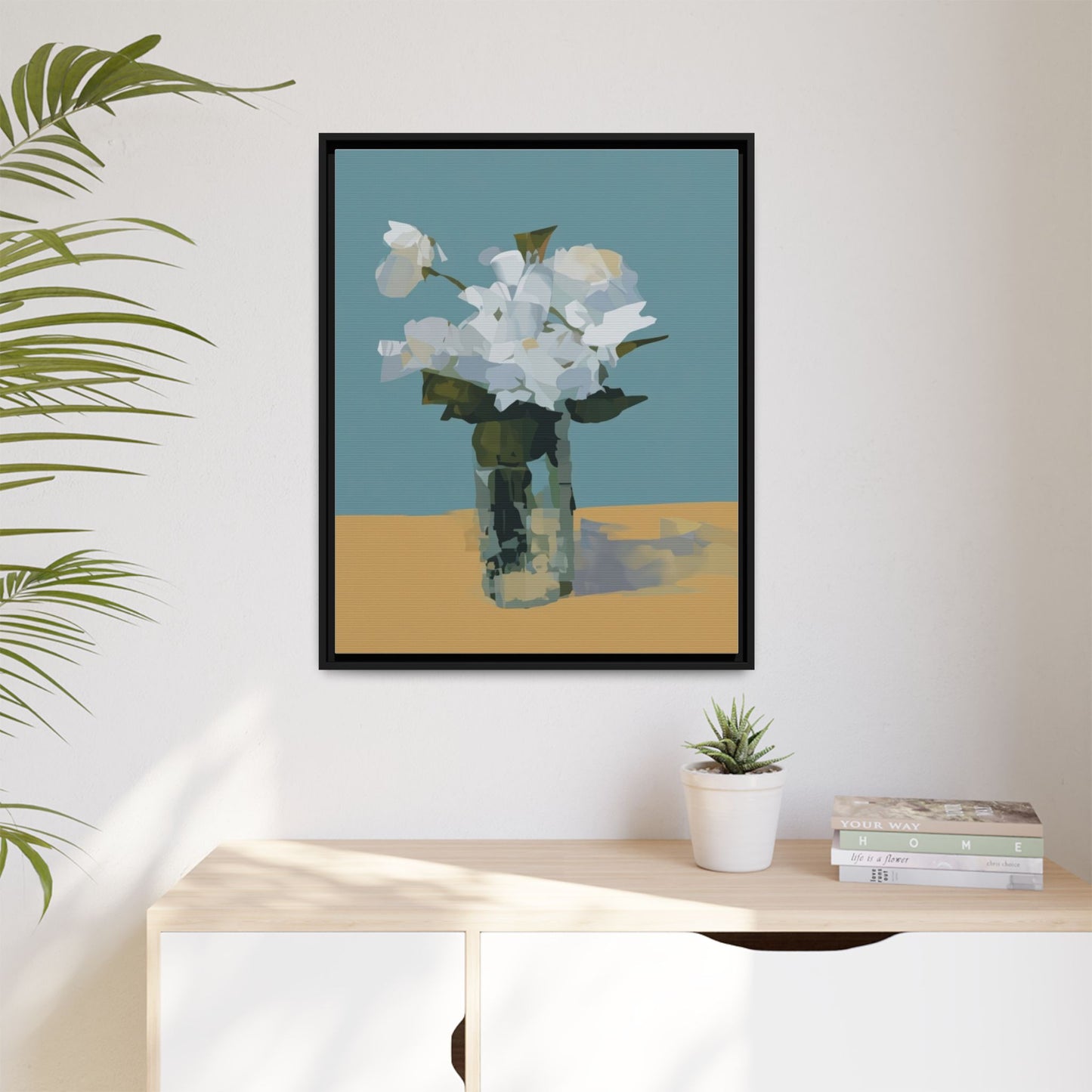 Framed Floral Still Life Canvas Art — Modern White Bouquet Wall Art