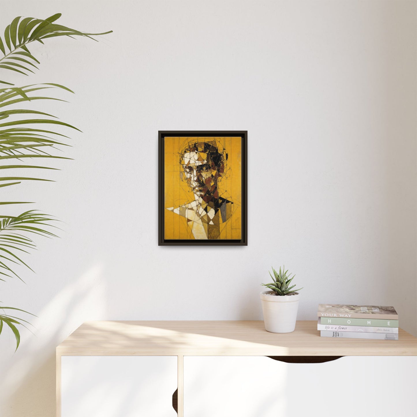 Framed Matte Canvas Art - Abstract Geometric Portrait on Mustard Yellow