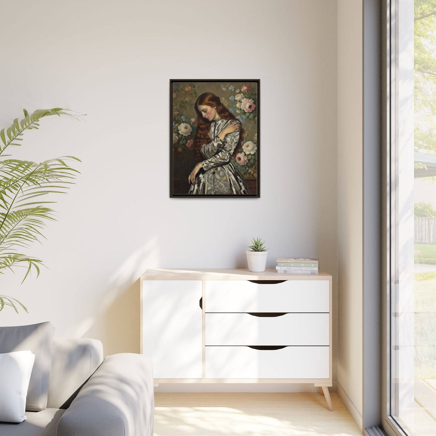 Framed Matte Canvas Art — Vintage Floral Portrait of a Young Woman