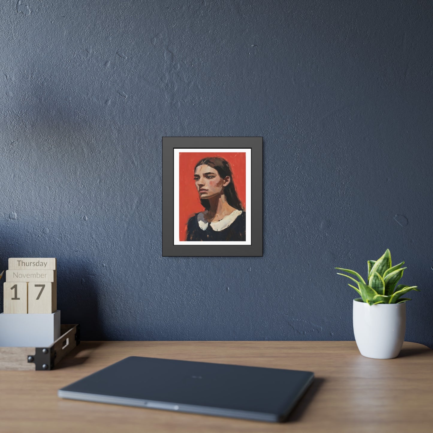 Framed Art Print — Distant Woman Portrait Painting on Red Background