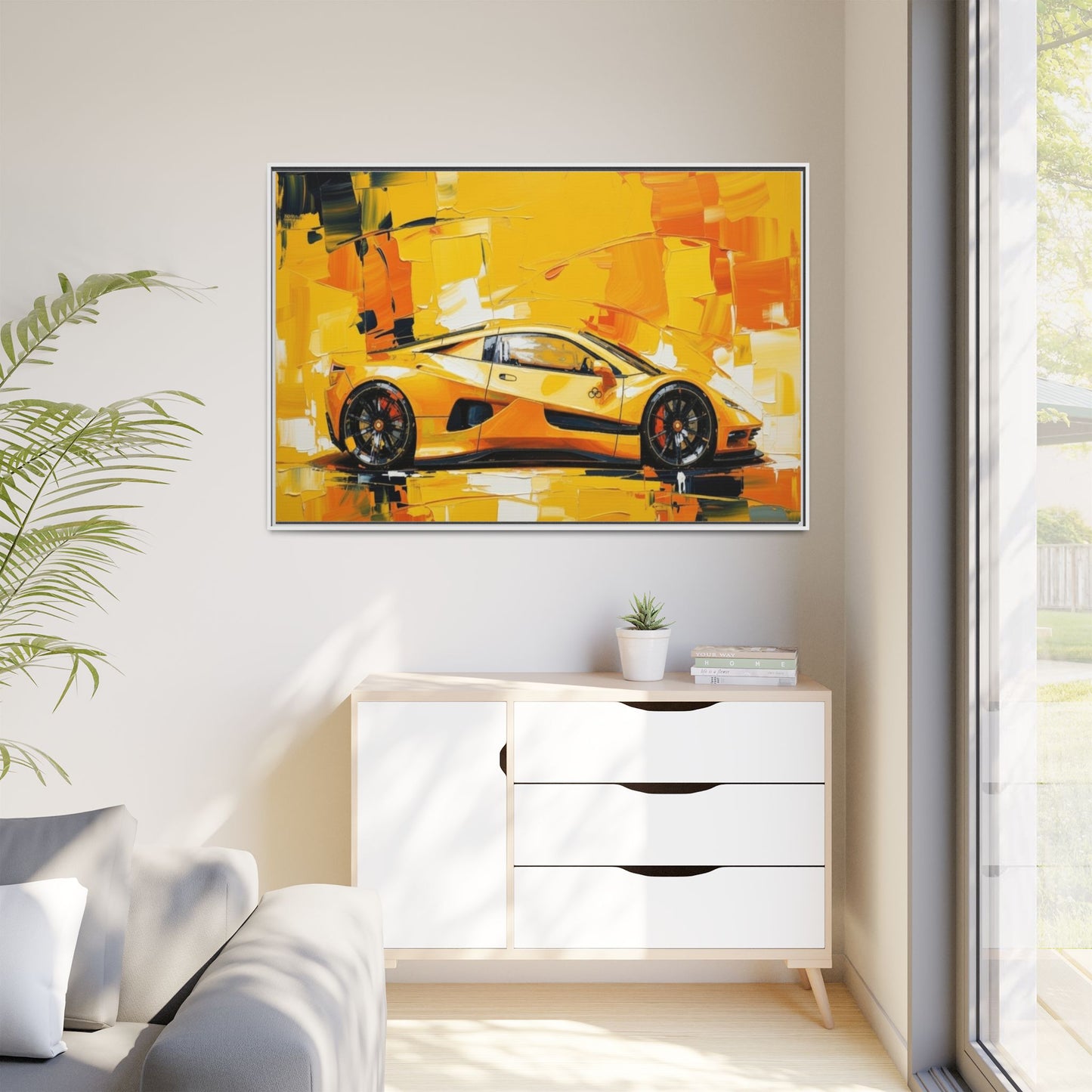 Yellow Sports Car Abstract Matte Canvas Framed Print