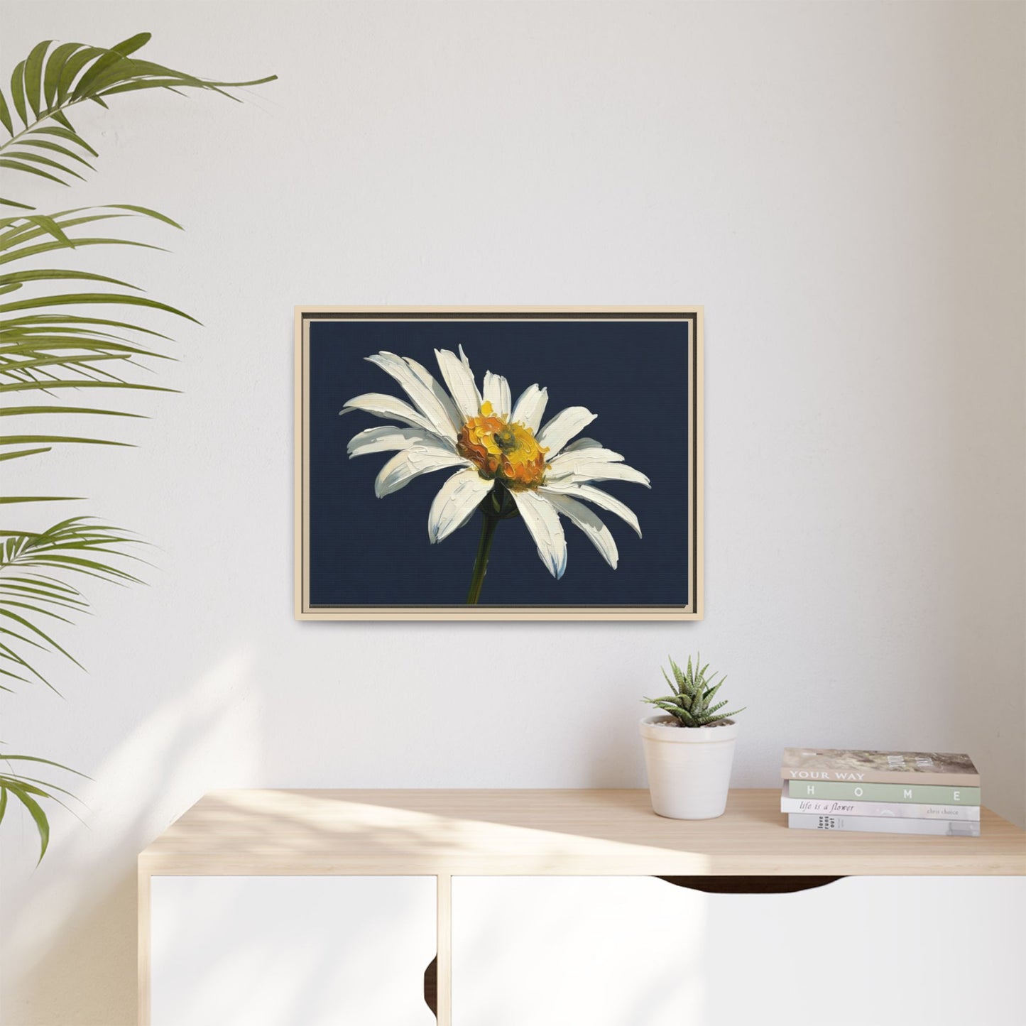 Framed Matte Canvas Daisy Wall Art — White Floral Painting on Navy