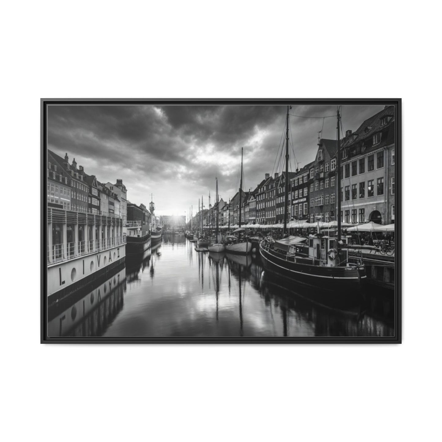Framed Matte Canvas: Black & White Dutch Canal Photography Wall Art