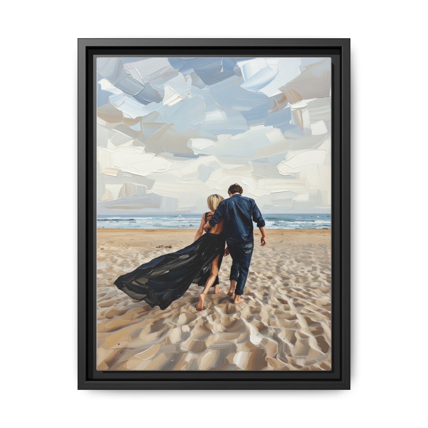 Framed Canvas Wall Art — Romantic Couple Walking on Beach Print