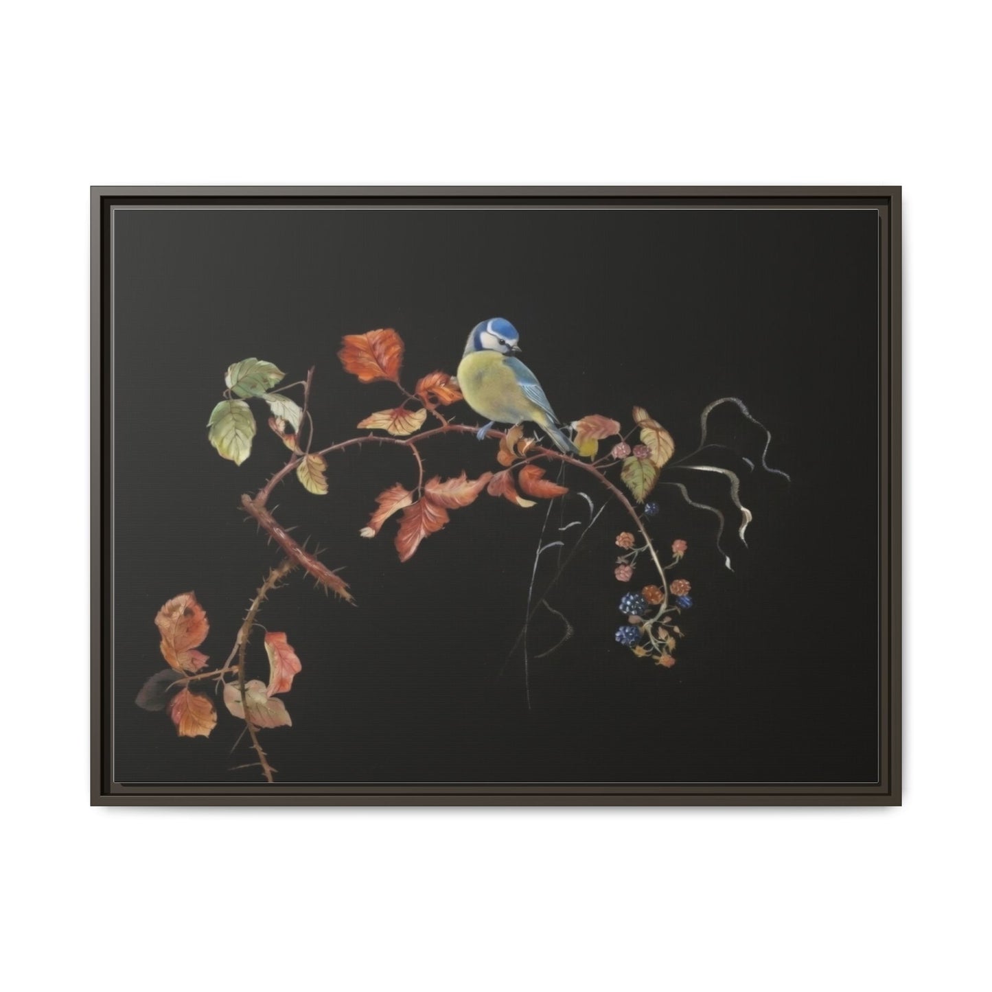 Framed Matte Canvas - Blue Tit on Autumn Branch Wall Art