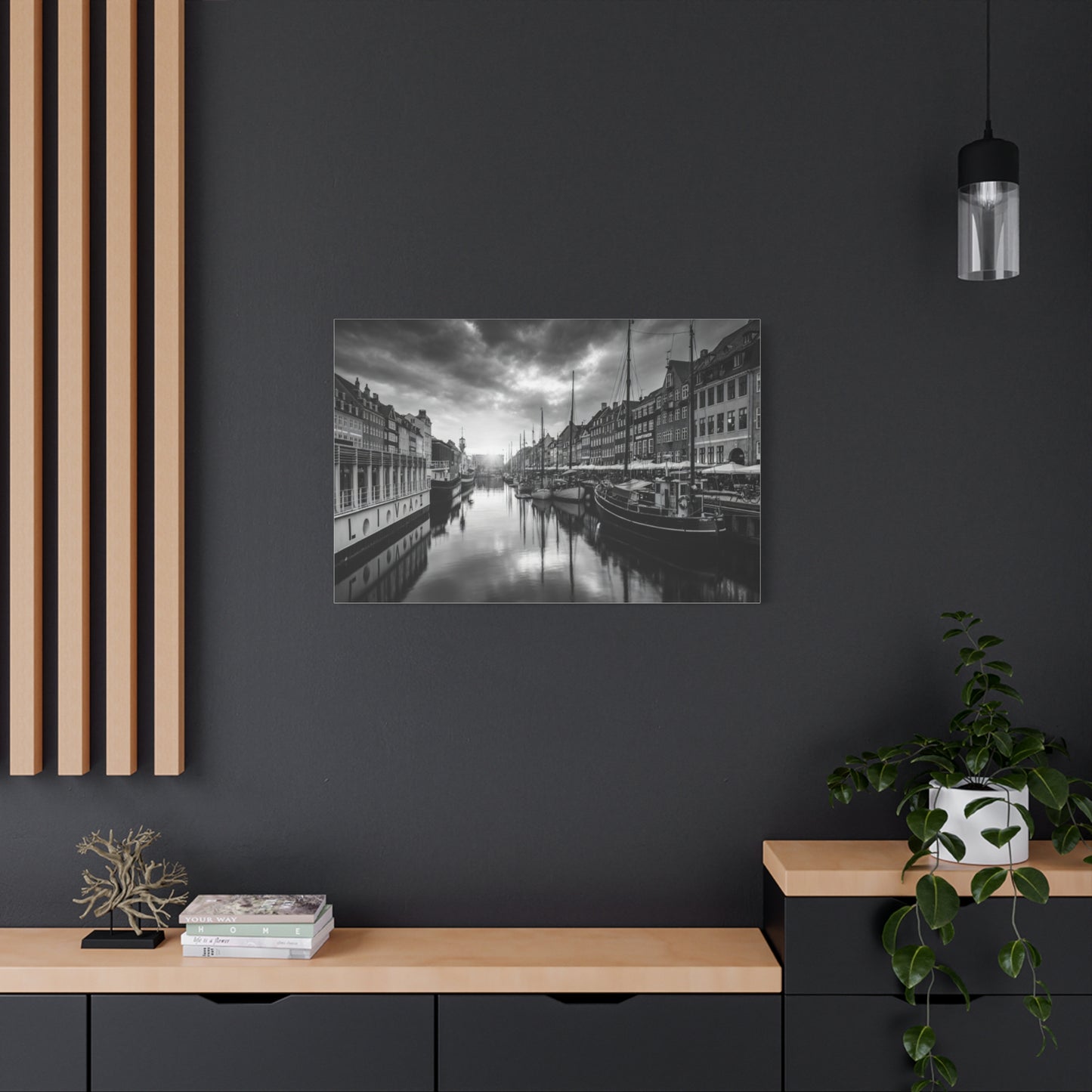 Black & White Harbor Canvas Print — Dramatic Copenhagen Cityscape Wall Art
