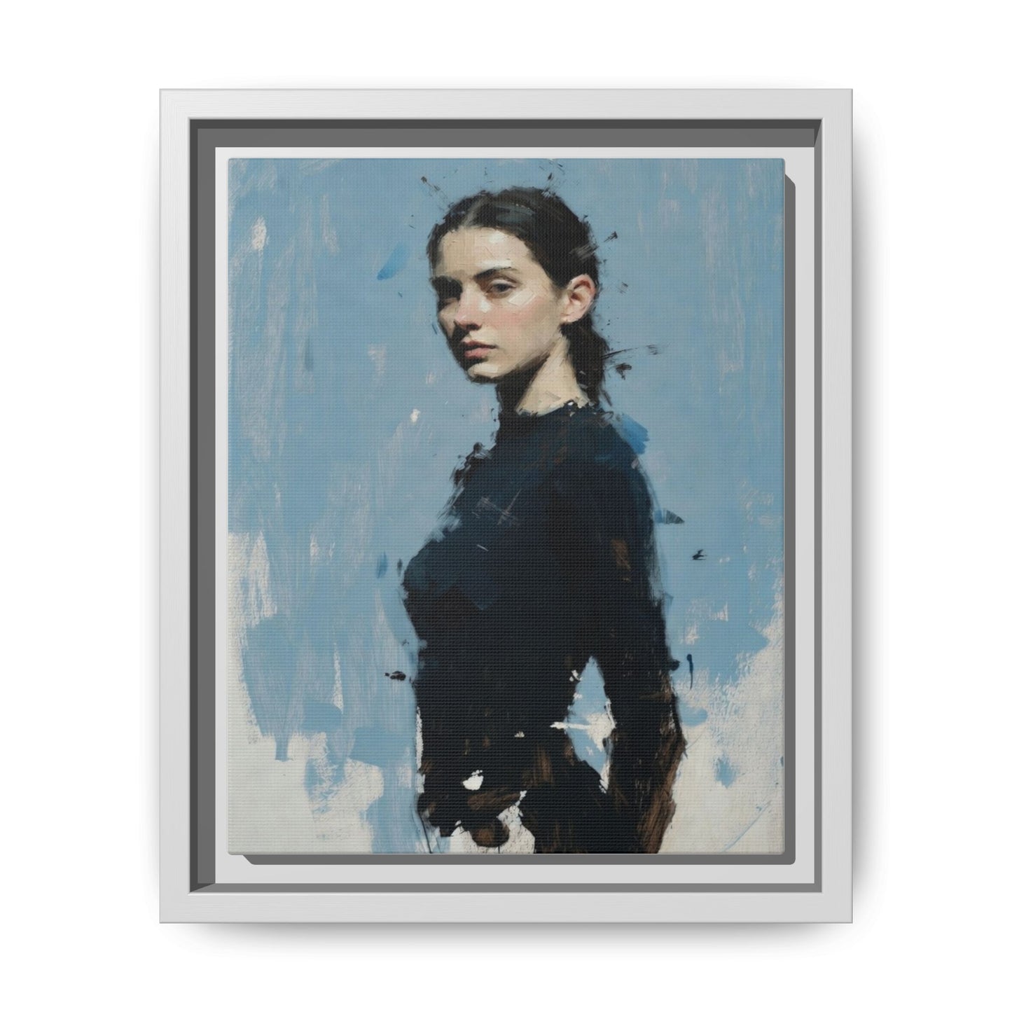 Framed Matte Canvas Portrait Print — Elegant Blue Woman Art