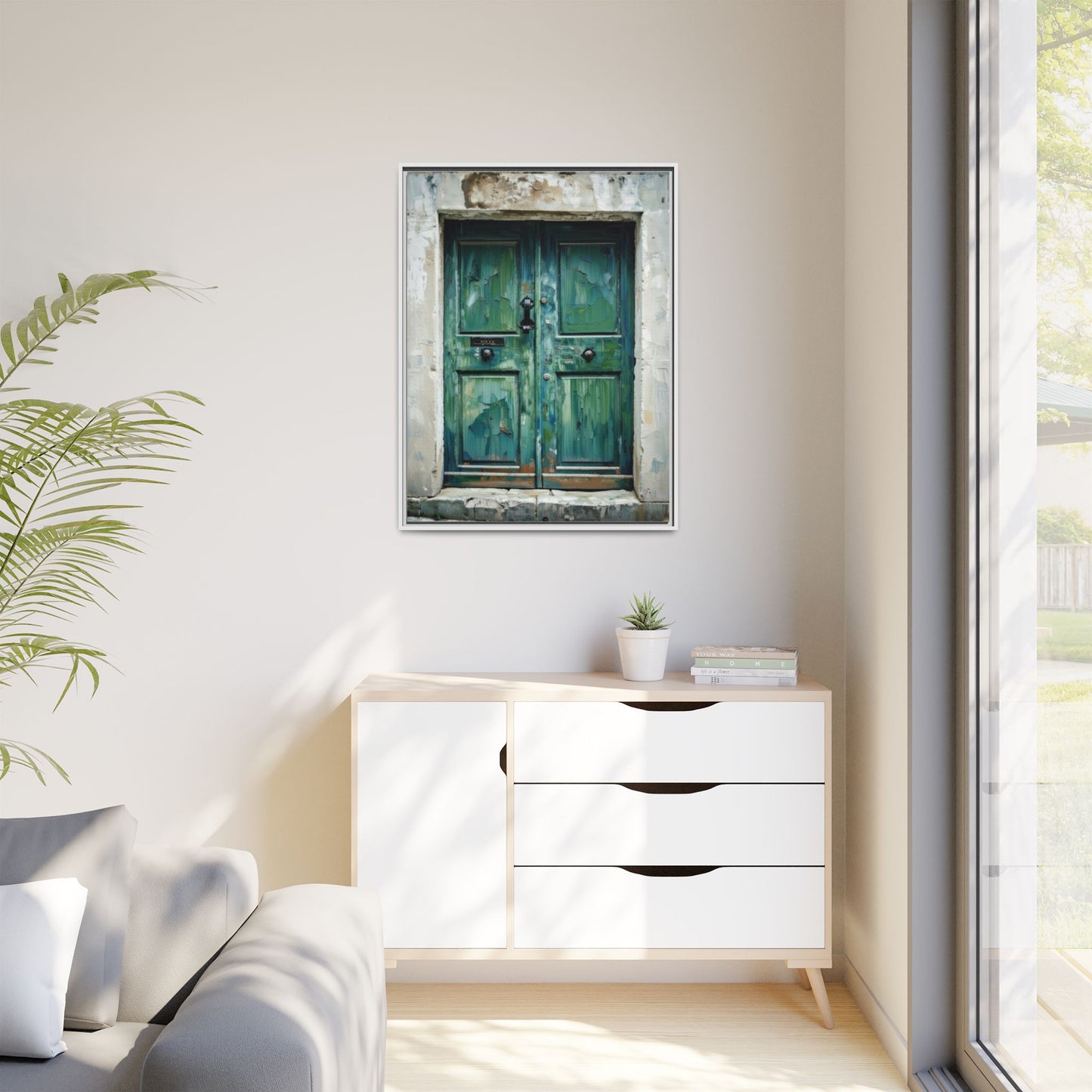 Framed Matte Canvas Art — Weathered Green Door Wall Print