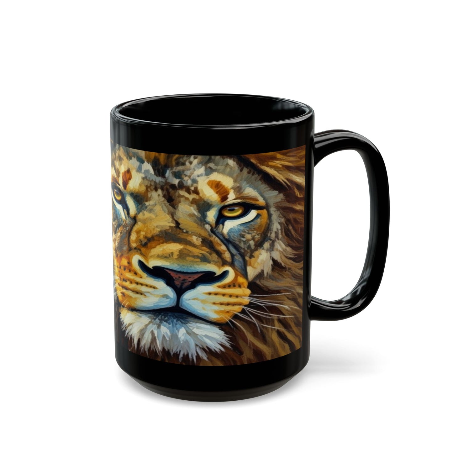 Lion Portrait Black Ceramic Mug — Majestic Wildlife Coffee Cup (11oz, 15oz)