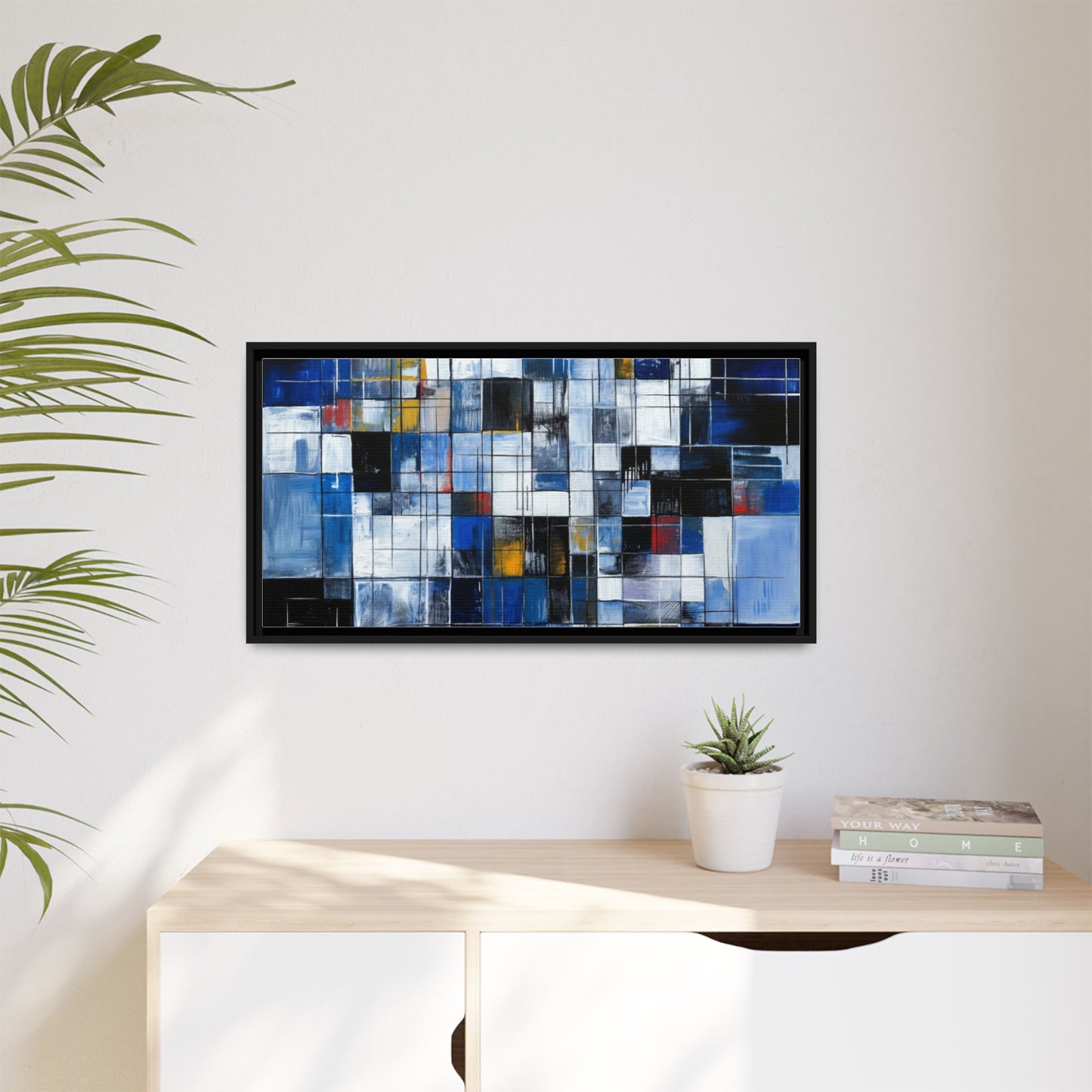 Abstract Blue Grid Matte Canvas Framed Art Print
