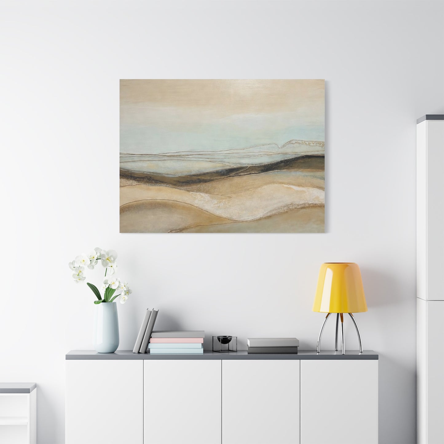 Abstract Coastal Landscape Matte Canvas Wall Art — Neutral Beach Waves Stretched Canvas