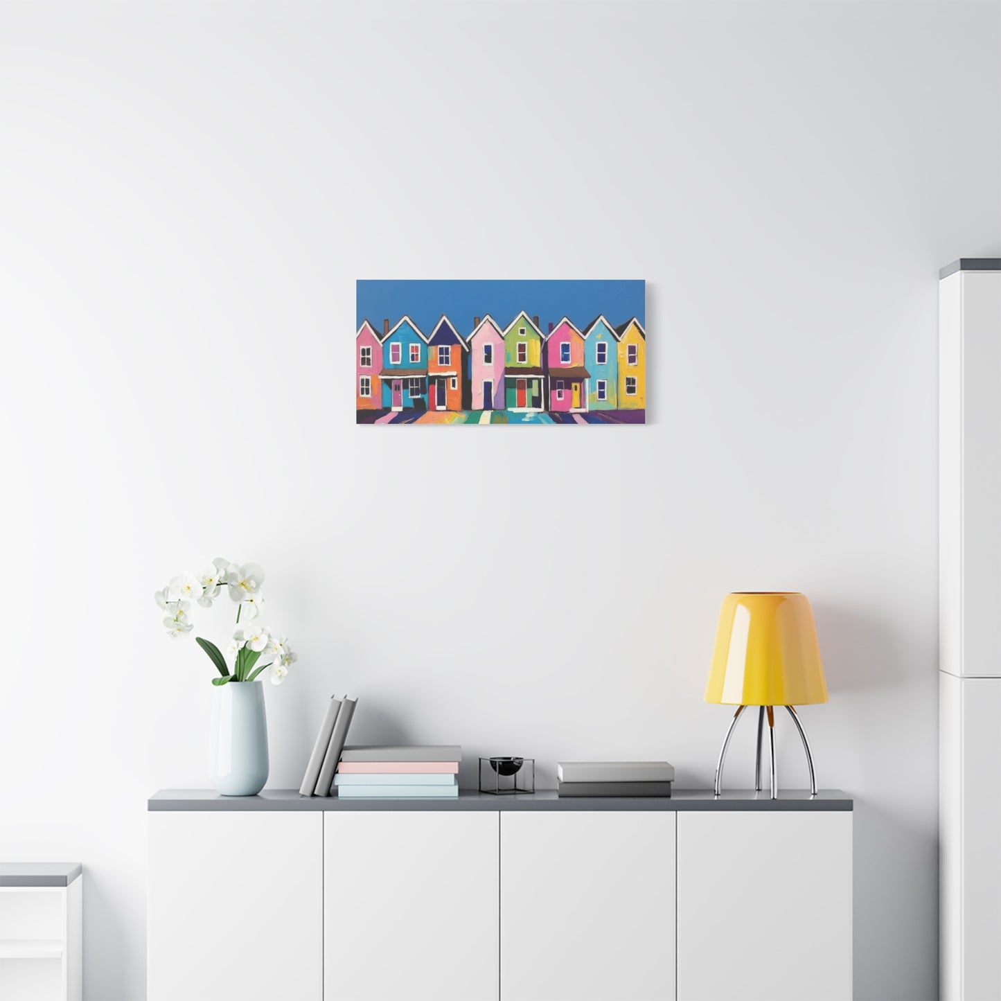 Colorful Row Houses Matte Canvas Print Vibrant Coastal Neighborhood Wall Art