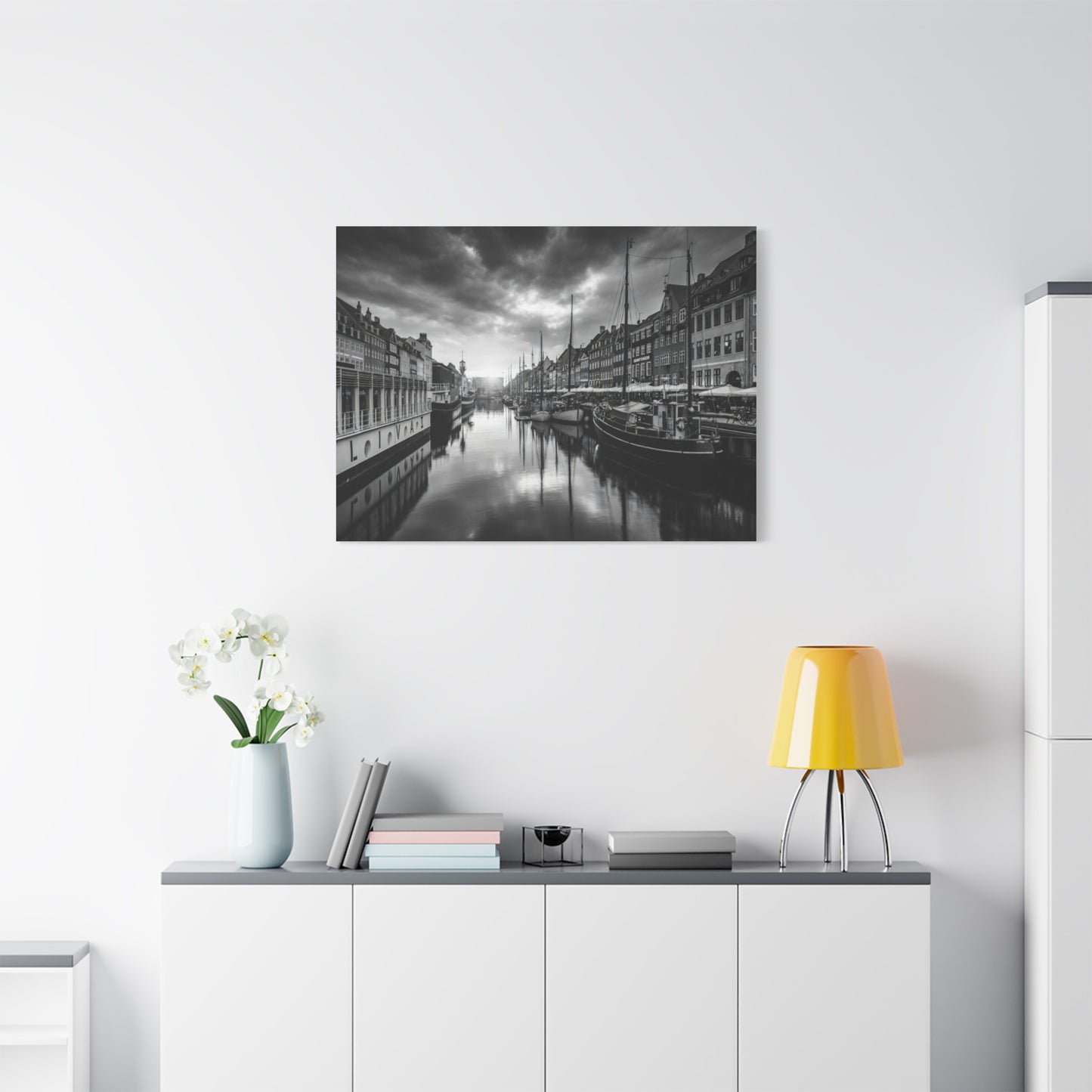 Black & White Harbor Canvas Print — Dramatic Copenhagen Cityscape Wall Art