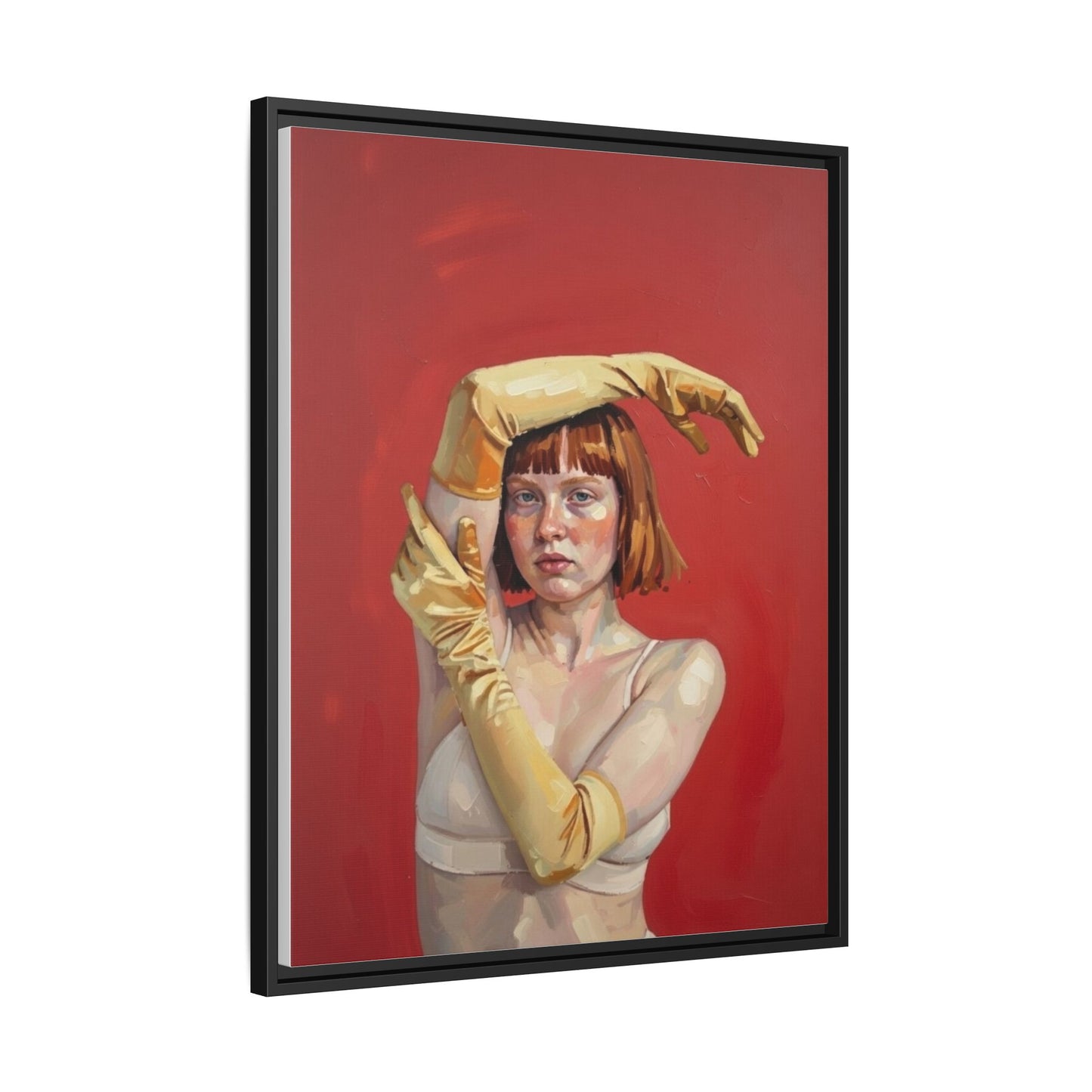 Framed Matte Canvas Art - Portrait of Woman in Yellow Gloves (Red Background)