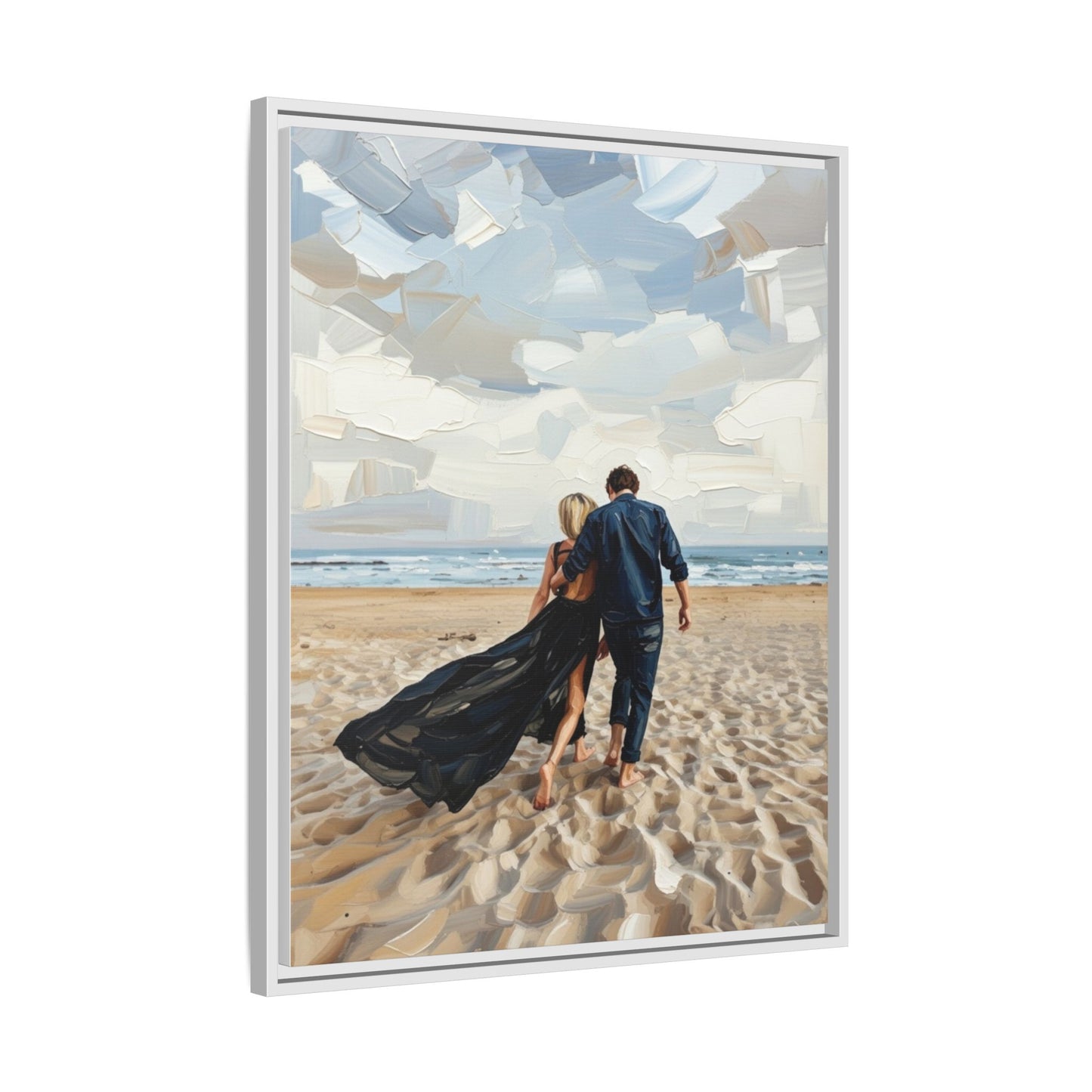 Framed Canvas Wall Art — Romantic Couple Walking on Beach Print