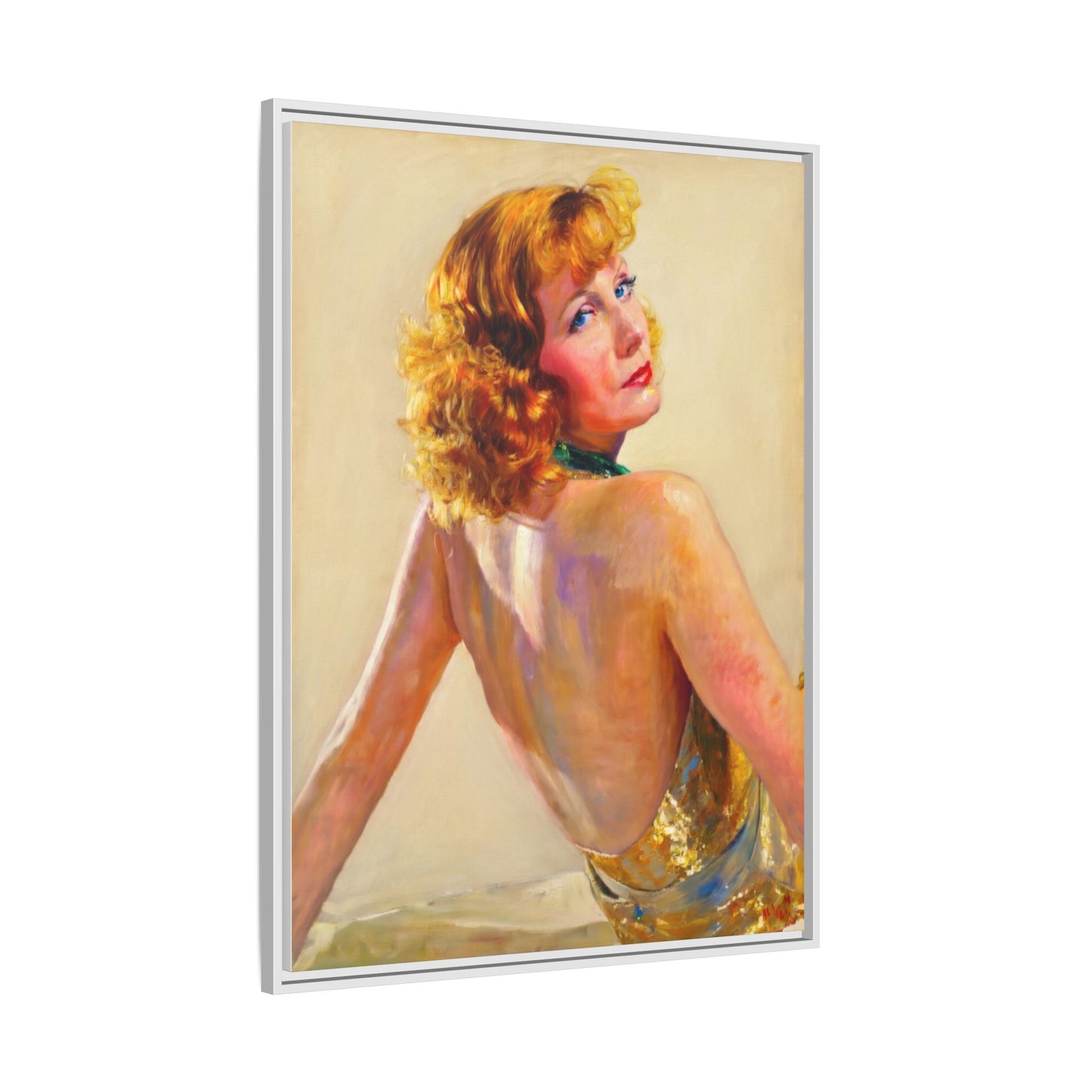 Framed Matte Canvas Print — Vintage Portrait of Redhead Greta Garbo in Gold Dress