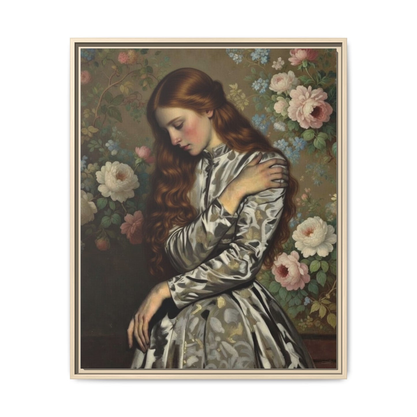 Framed Matte Canvas Art — Vintage Floral Portrait of a Young Woman