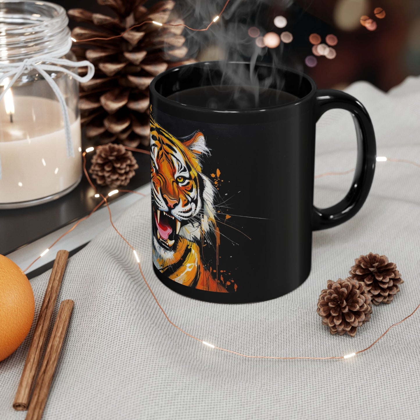 Roaring Tiger Black Mug — Bold Ceramic Coffee Cup (11oz/15oz)