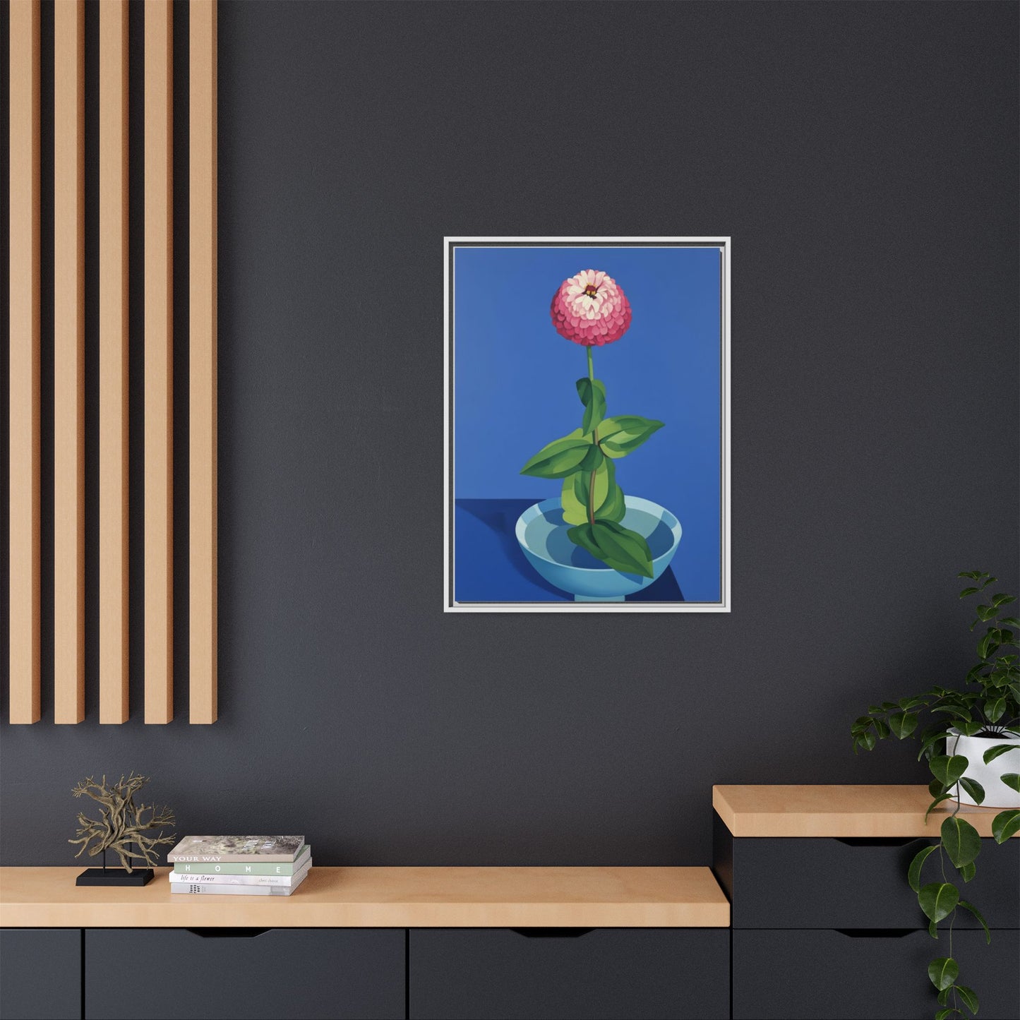 Framed Matte Canvas Art — Pink Zinnia in Blue Bowl (Botanical Still Life)