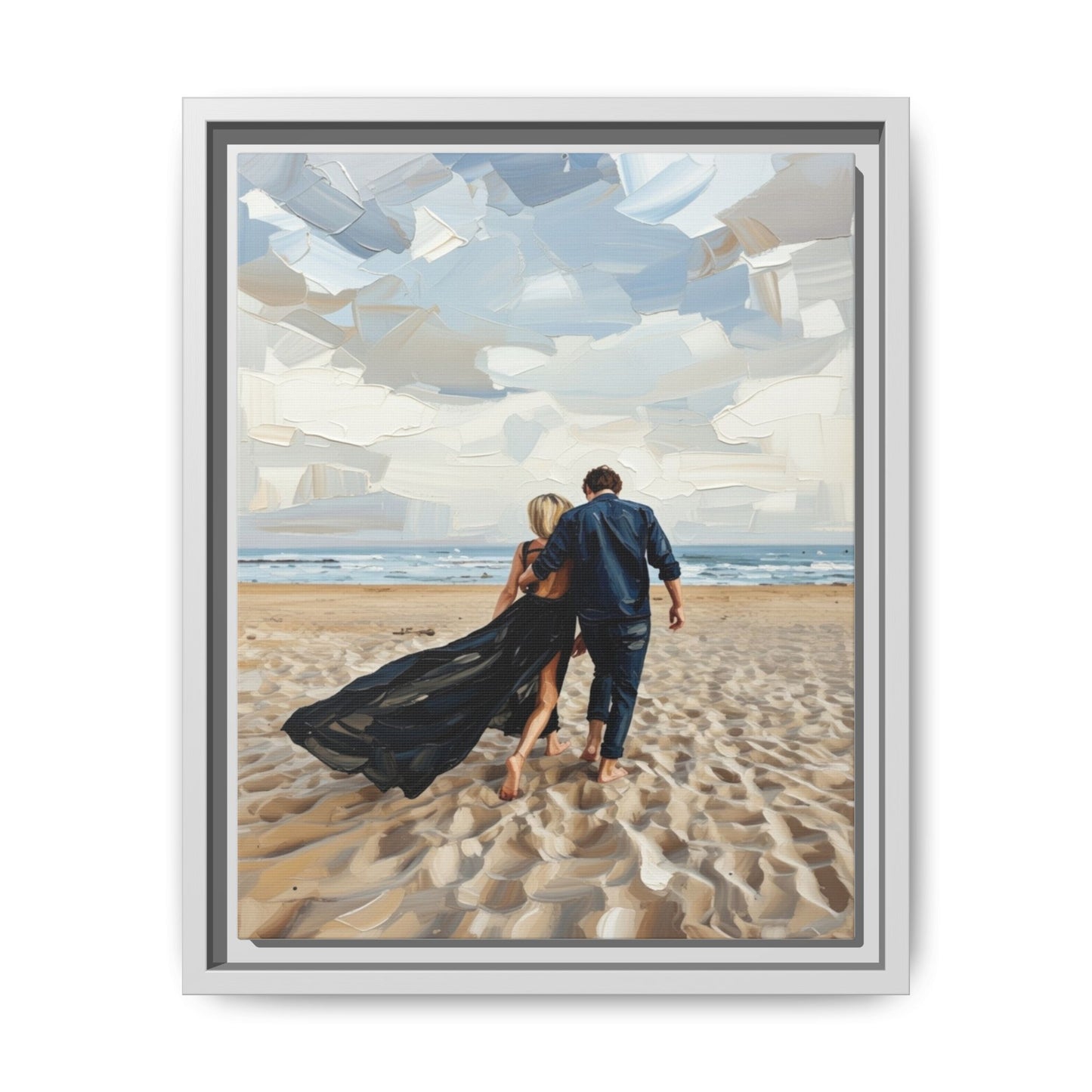 Framed Canvas Wall Art — Romantic Couple Walking on Beach Print