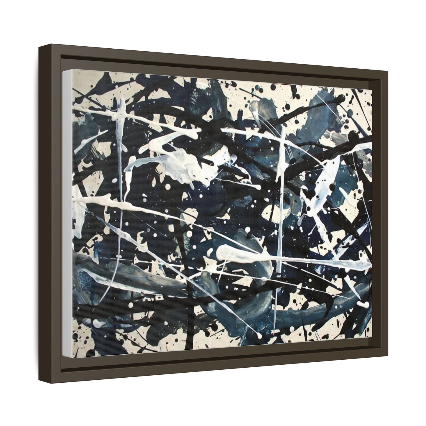 Abstract Splatter Matte Canvas Framed Wall Art — Black & Blue Modern Art Print