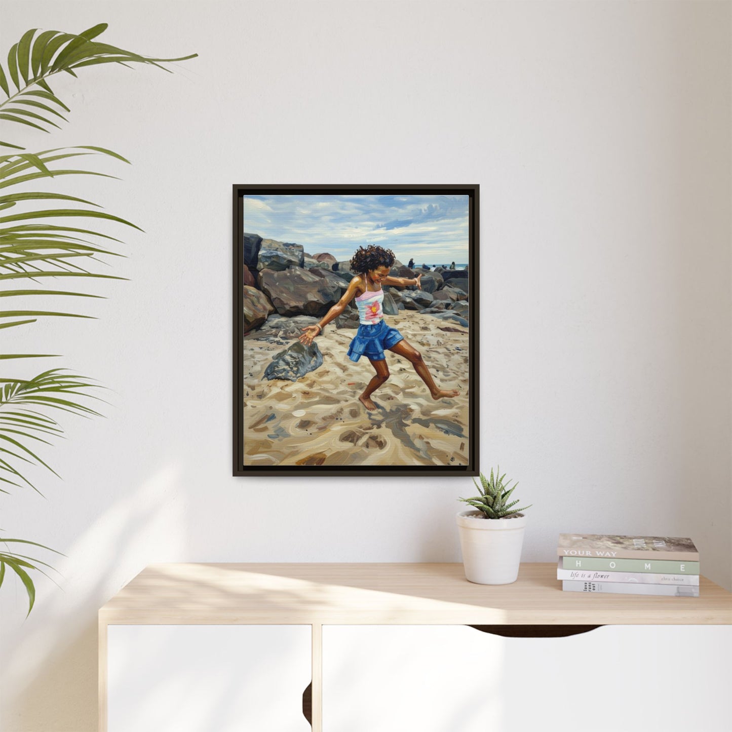 Framed Canvas Art - Girl Dancing on the Beach (Matte Multi-Color)
