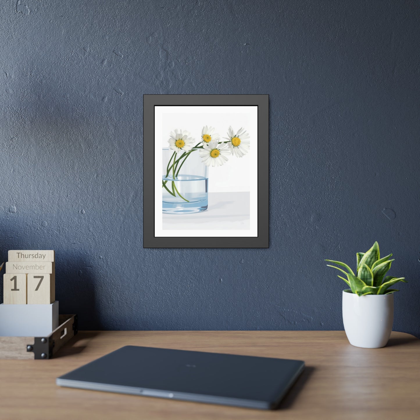 Framed Poster — Daisies in Glass Vase Wall Art, Minimal Botanical Print for Living Room
