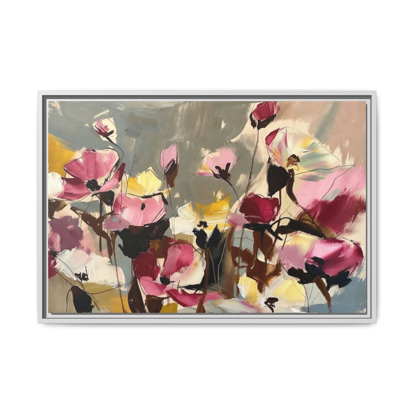 Framed Floral Canvas Wall Art — Abstract Pink & Yellow Flowers