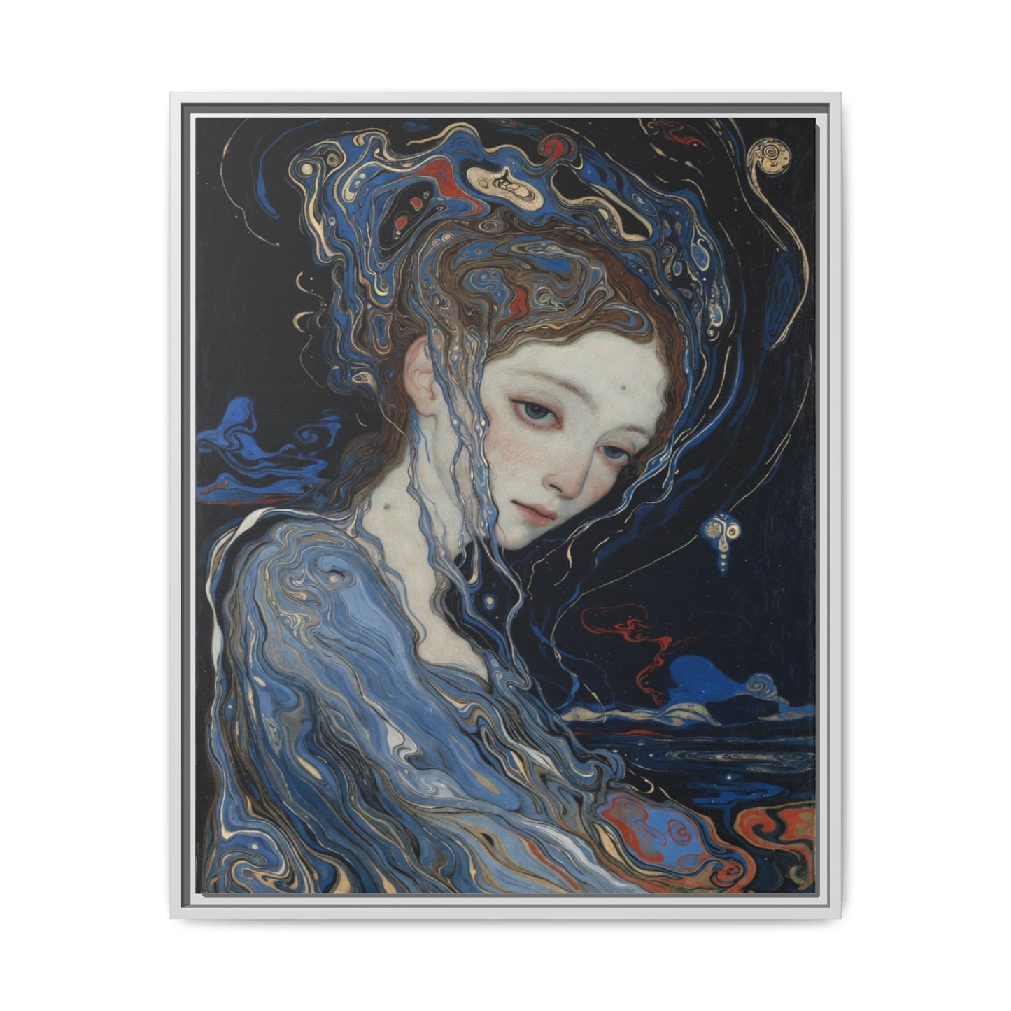 Framed Matte Canvas Art Print — Surreal Blue Maiden Portrait