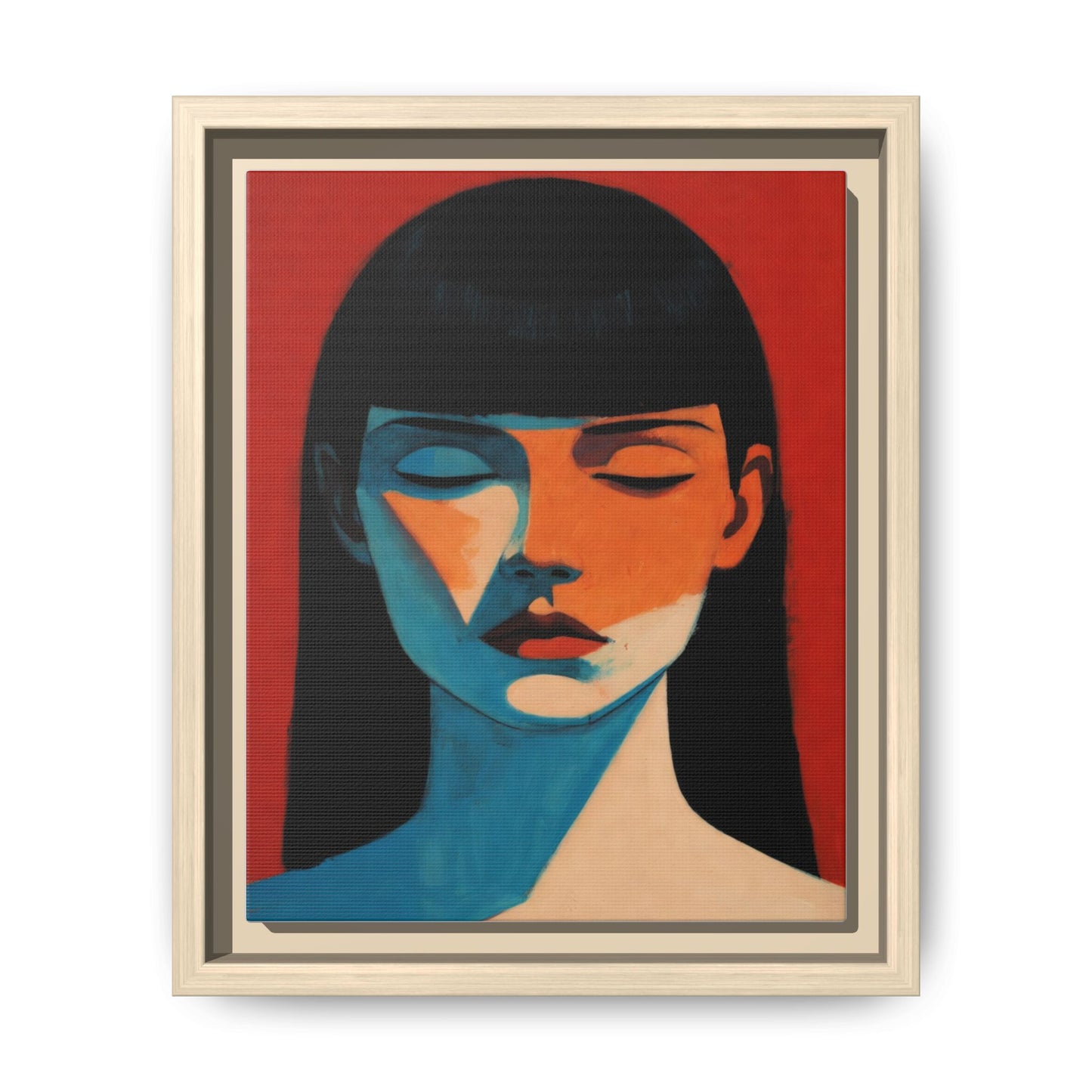 Framed Matte Canvas Art – Minimalist Portrait in Red & Teal