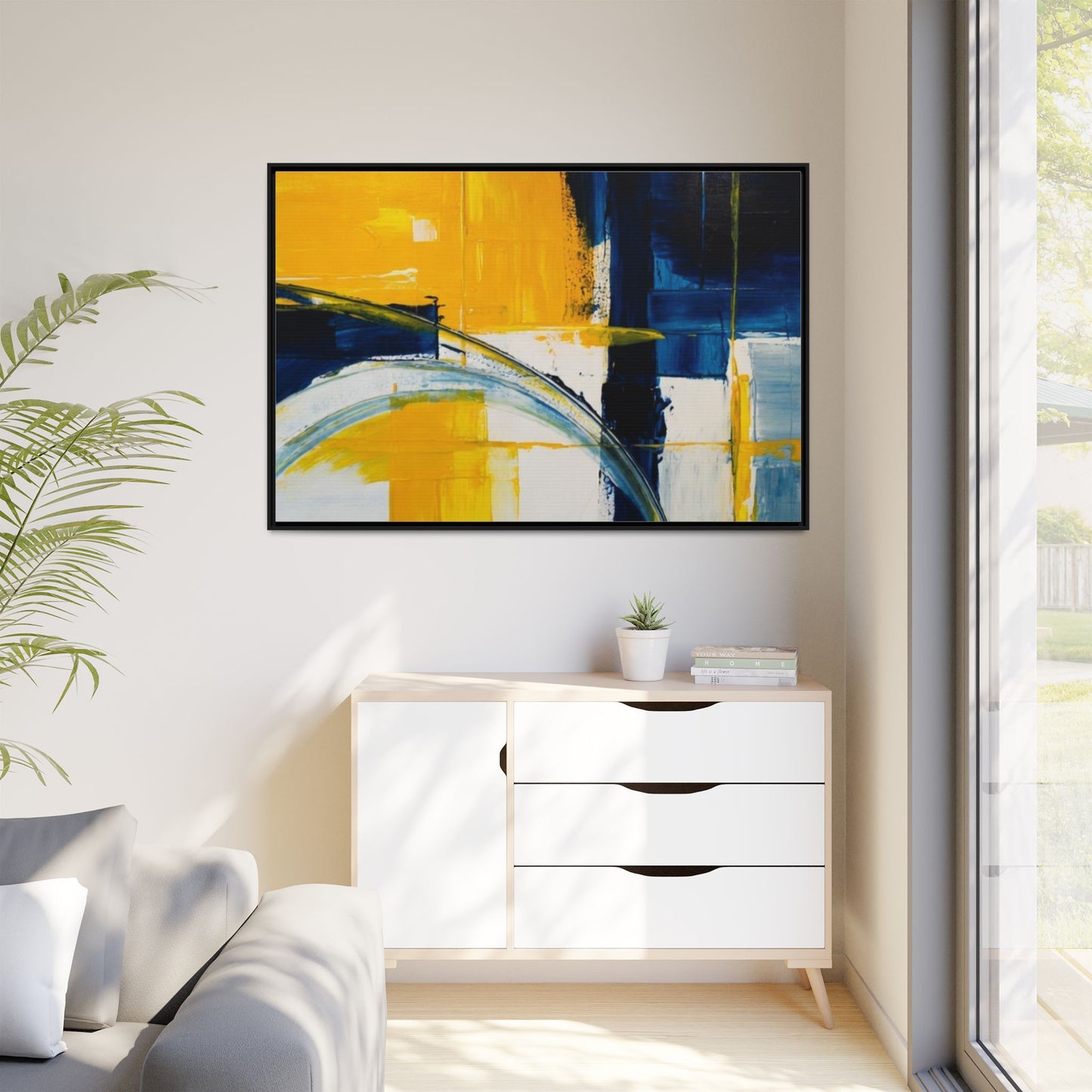 Abstract Yellow & Blue Framed Canvas Wall Art — Modern Matte Canvas Print