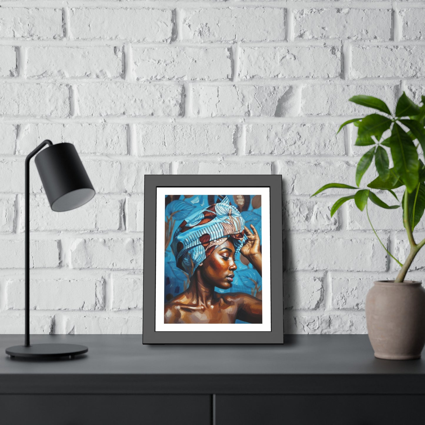 Framed Art Print — Portrait of Woman with Blue Headwrap (Gallery Wall Decor)