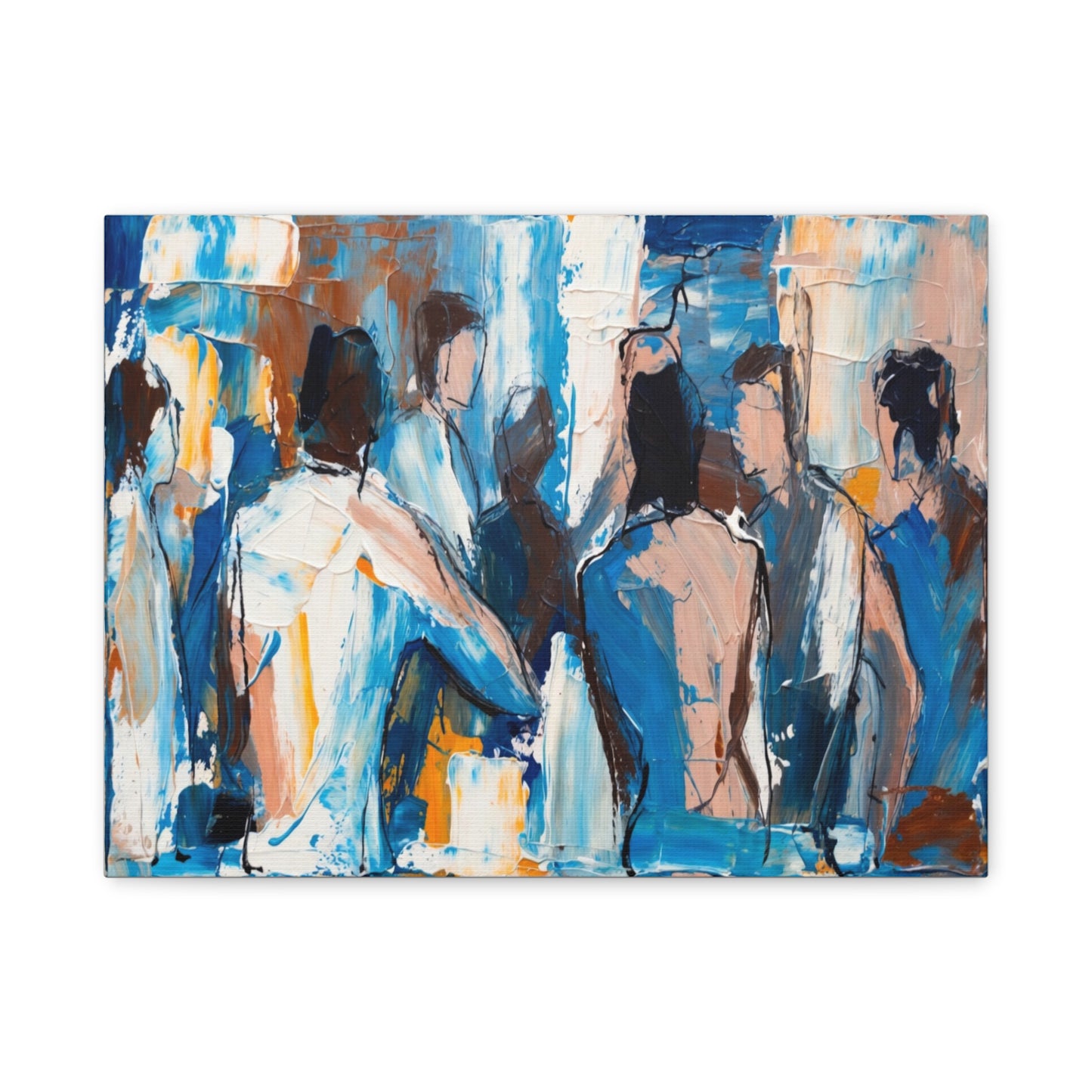 Abstract Figurative Canvas Art — Blue Social Scene Matte Stretched Canvas