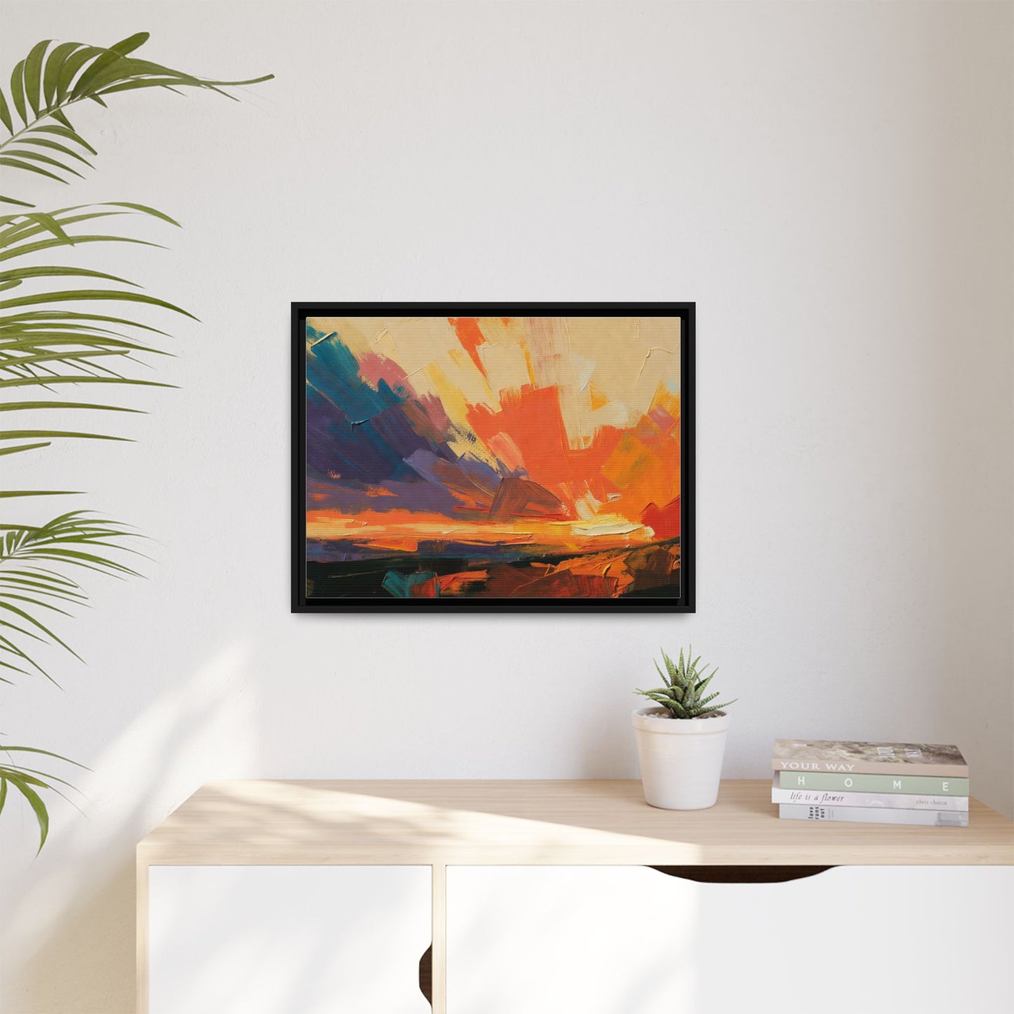 Framed Abstract Sunset Canvas Art – Multicolor Matte Wall Decor