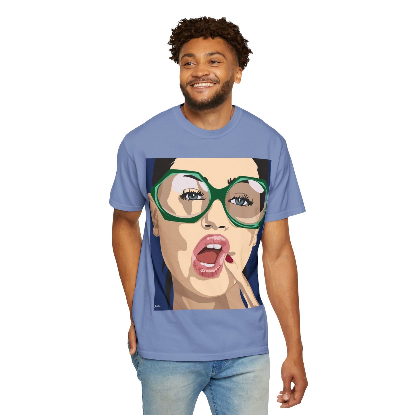 Pop Art Woman Graphic T‑Shirt — Retro Chic Green Glasses Design