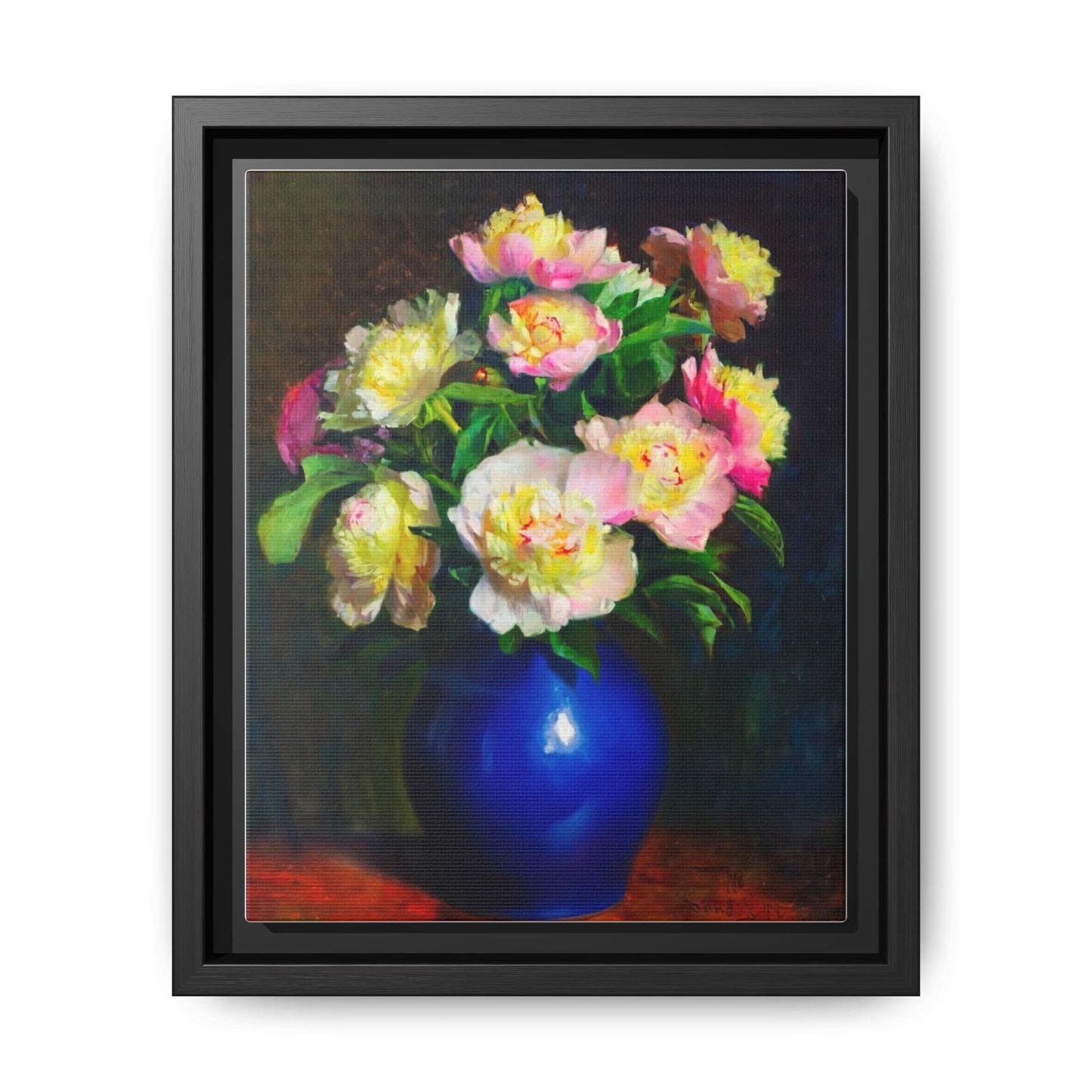 Framed Matte Canvas Wall Art — Vintage Floral Bouquet in Blue Vase
