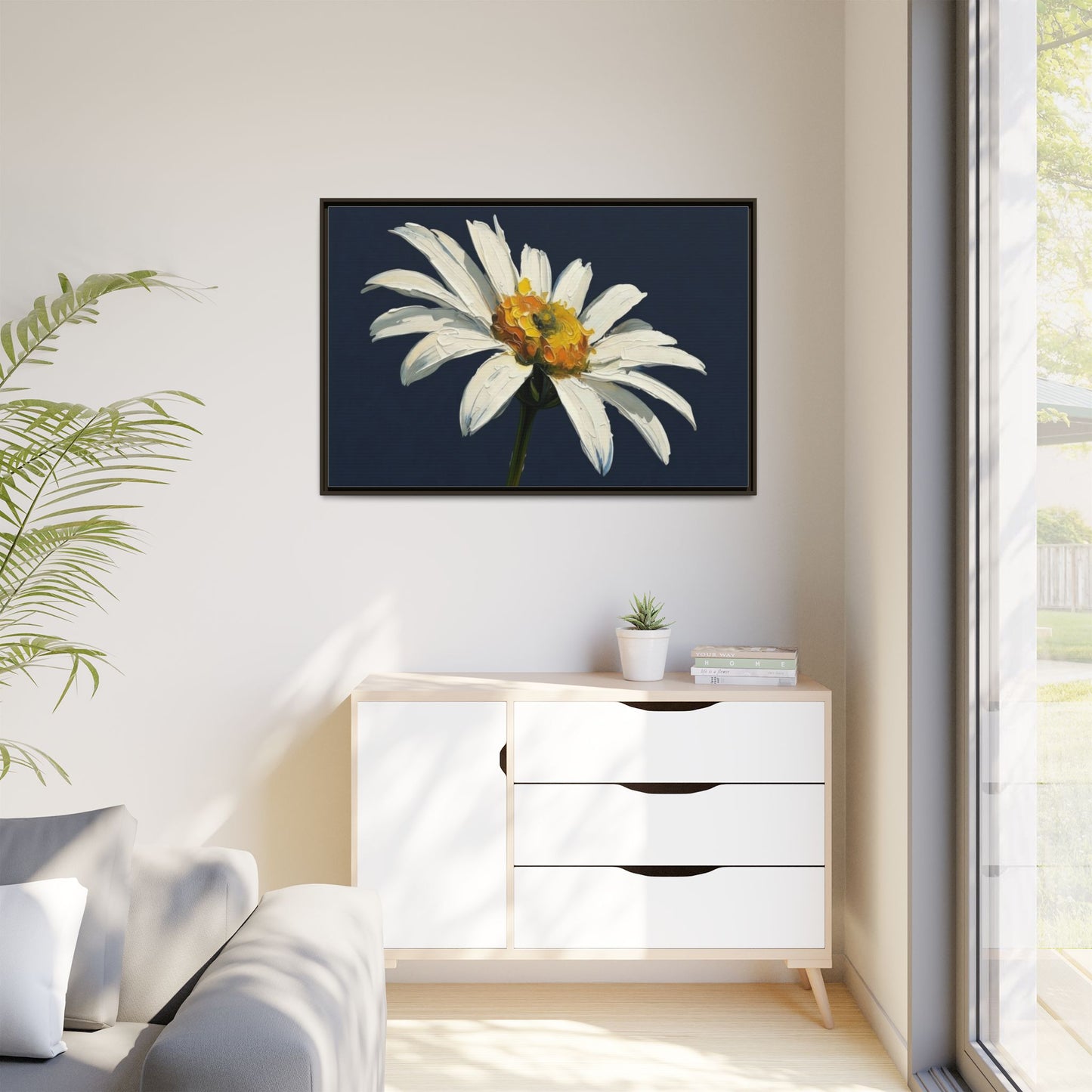 Framed Matte Canvas Daisy Wall Art — White Floral Painting on Navy
