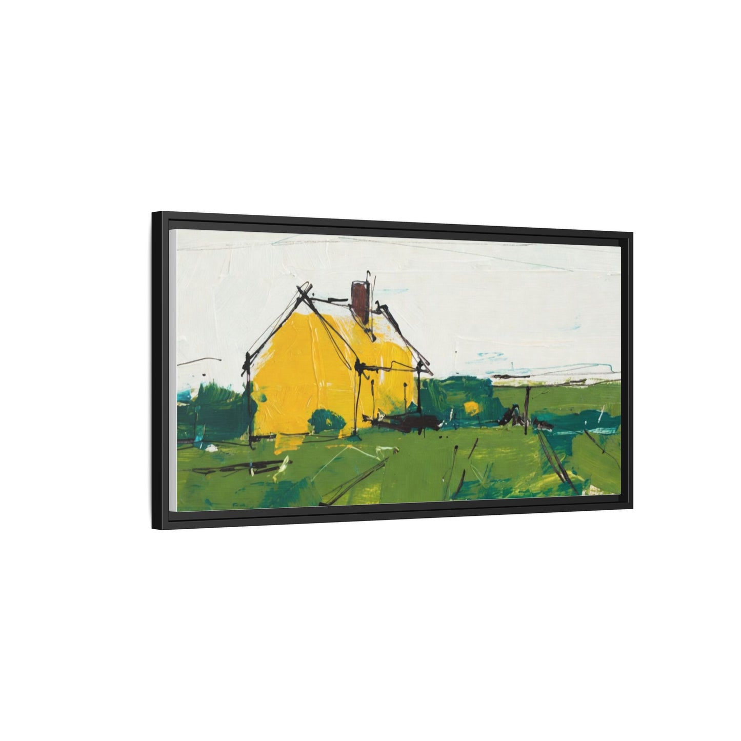 Yellow Cottage Landscape Framed Canvas Print